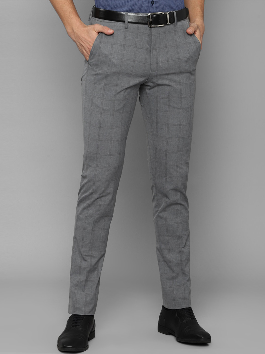 

Louis Philippe Men Grey Checked Slim Fit Trousers