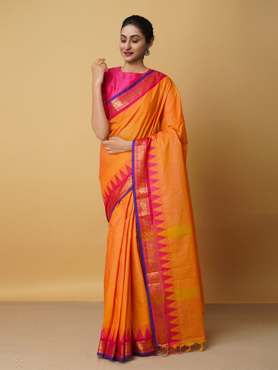 

Unnati Silks Orange & Pink Zari Pure Cotton Chettinad Saree