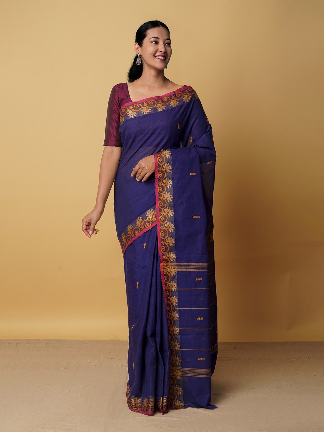 

Unnati Silks Blue & Orange Woven Design Pure Cotton Chettinad Saree