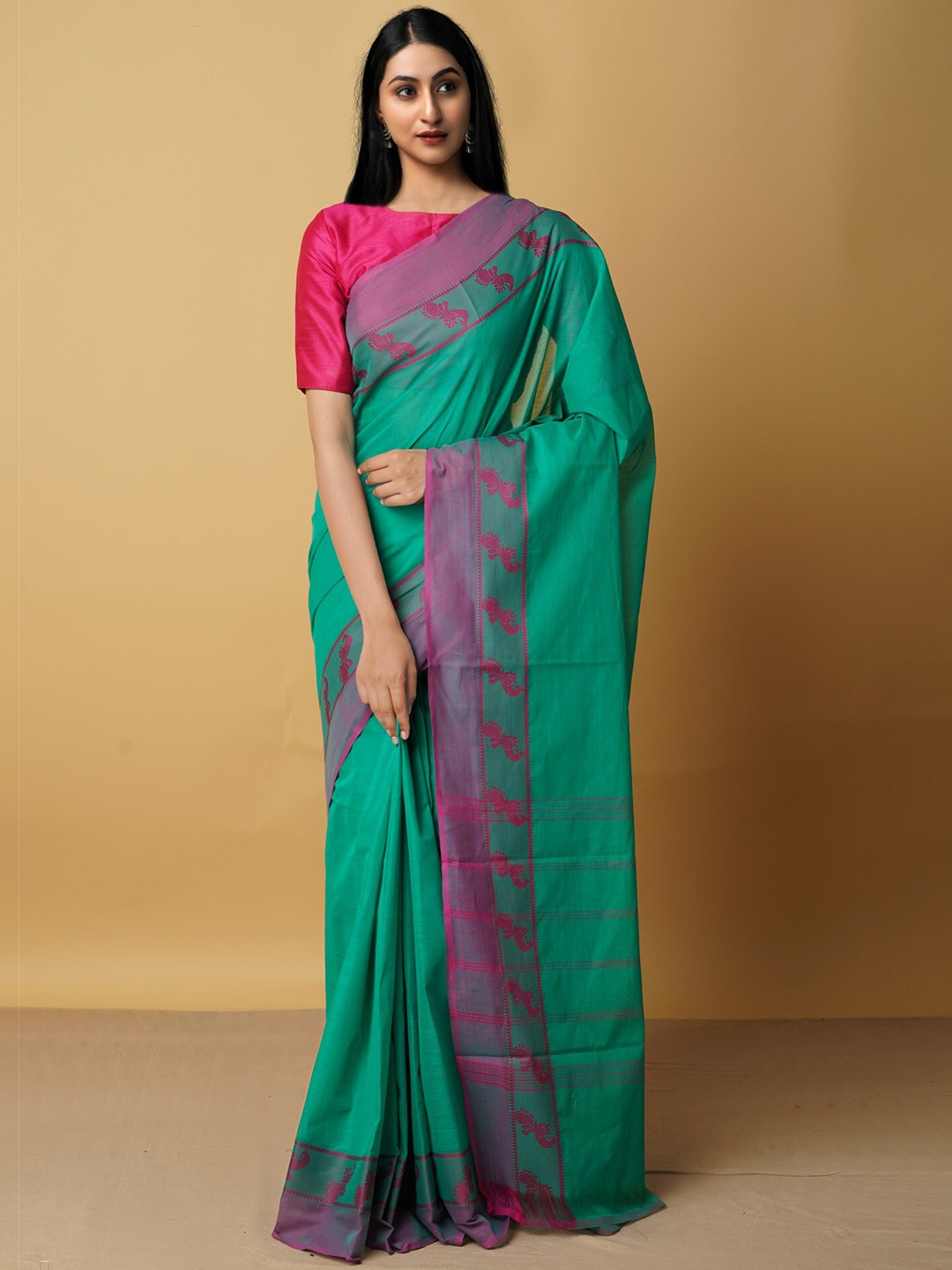

Unnati Silks Green & Purple Pure Cotton Handloom Kanjeevaram Saree