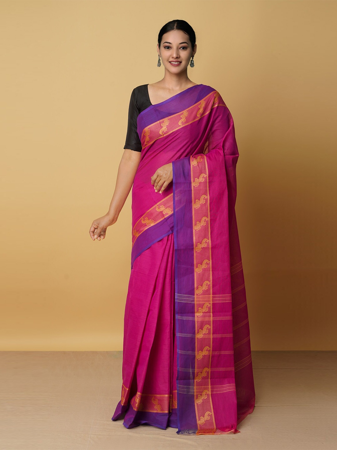 

Unnati Silks Pink & Purple Zari Pure Cotton Handloom Kanjeevaram Saree