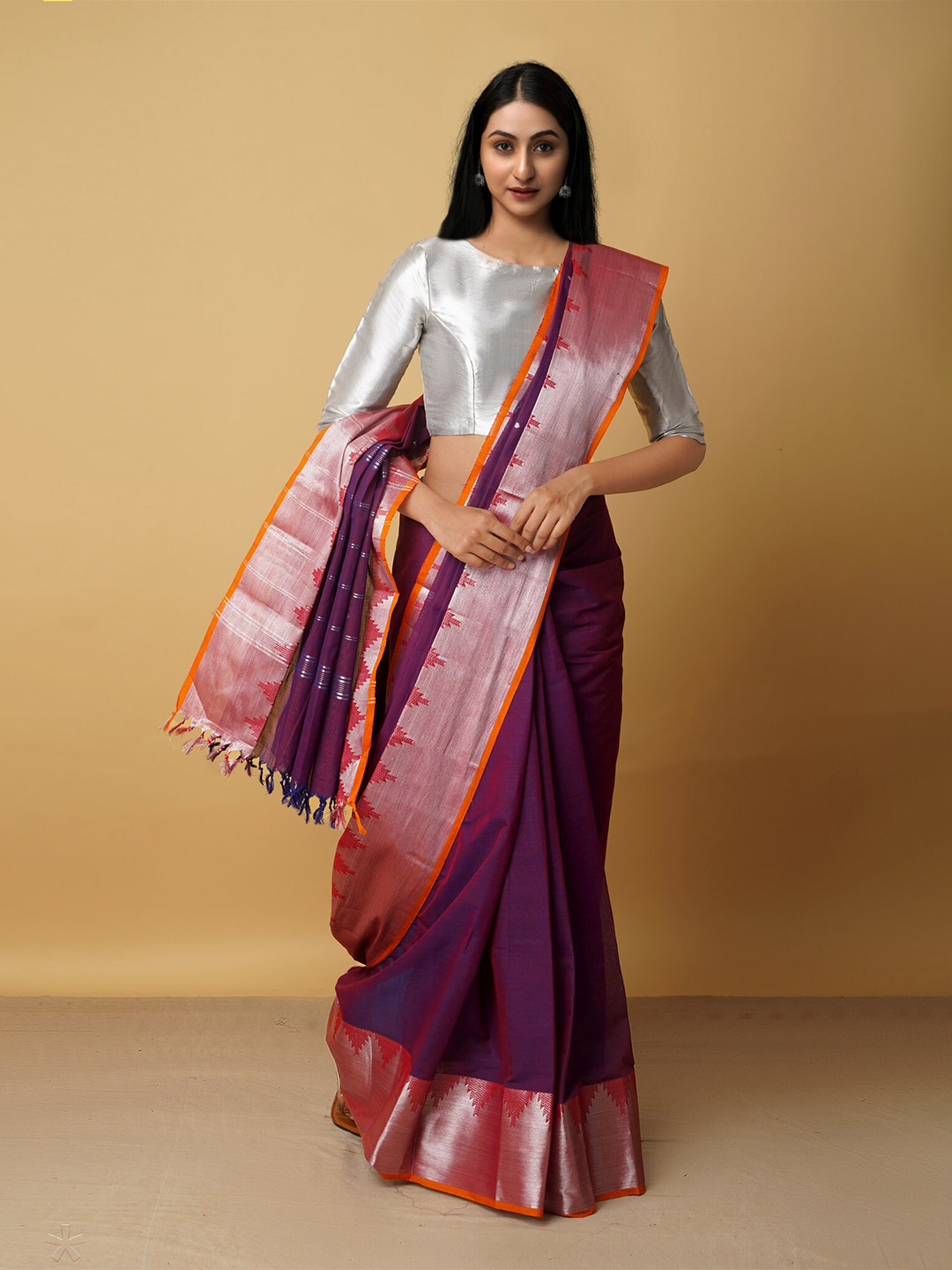 

Unnati Silks Purple & Orange Zari Pure Cotton Chettinad Saree