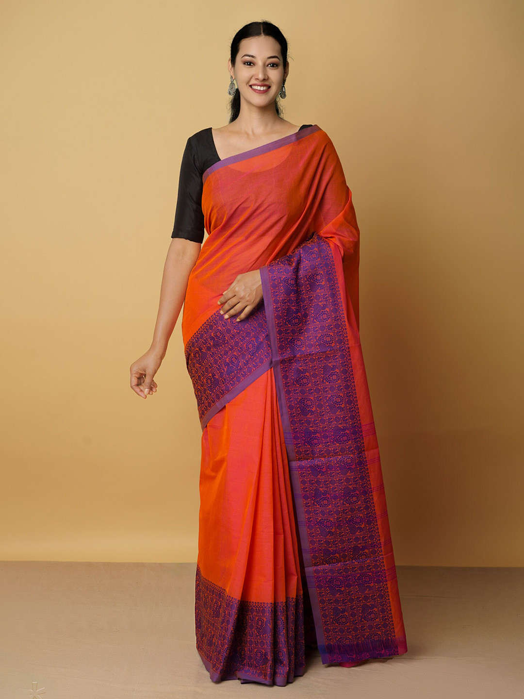 

Unnati Silks Red & Navy Blue Pure Cotton Kanjeevaram Saree