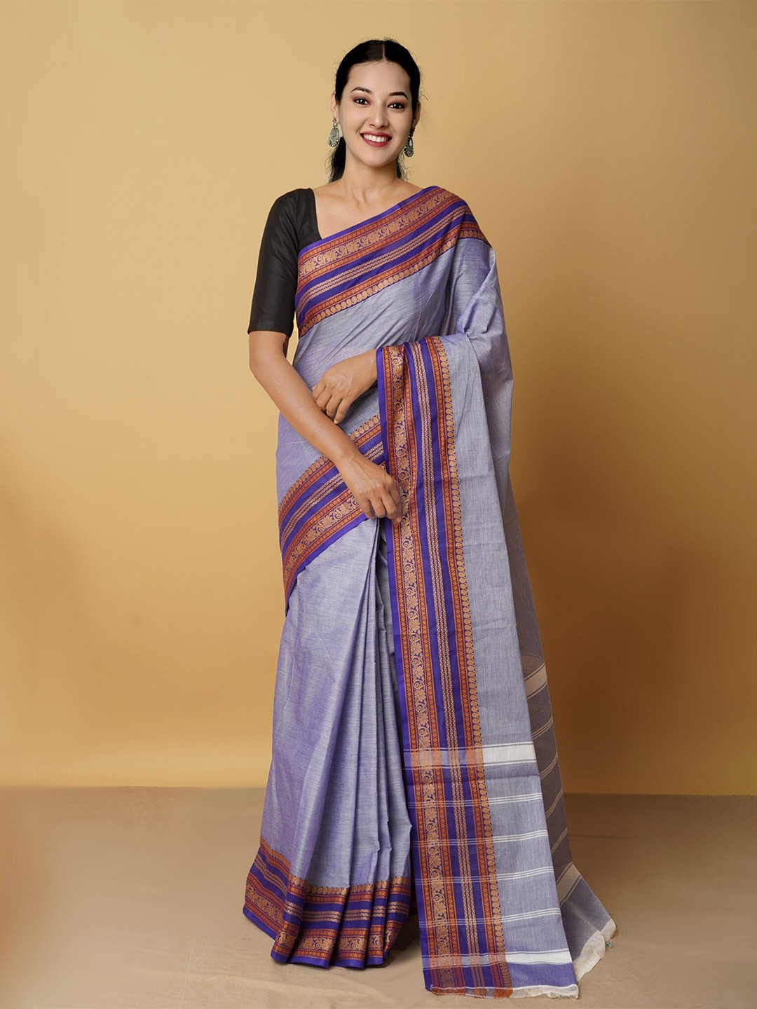 

Unnati Silks Blue & Purple Woven Design Zari Pure Cotton Kanjeevaram Saree