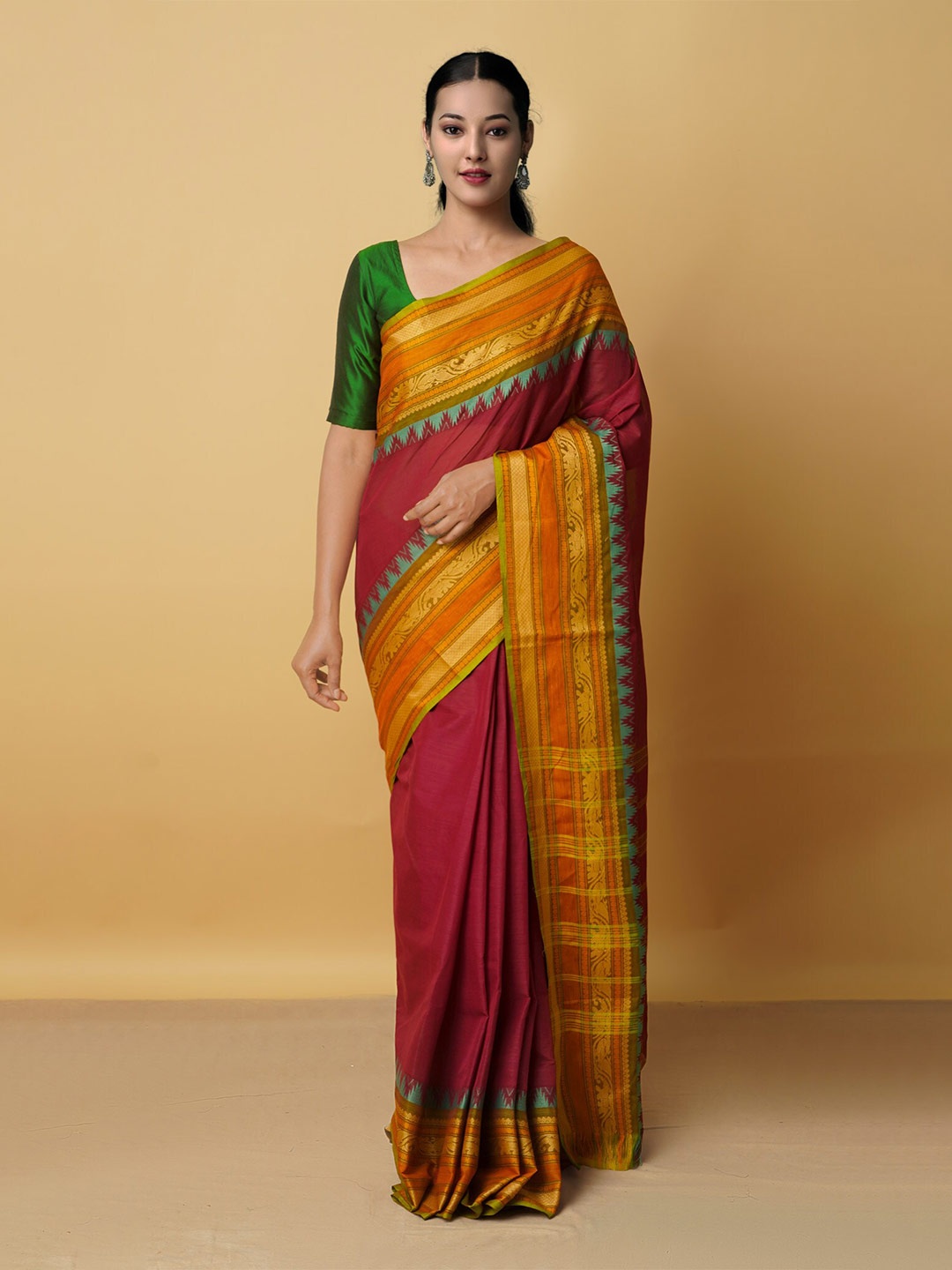 

Unnati Silks Maroon & Orange Woven Design Zari Pure Cotton Kanjeevaram Saree