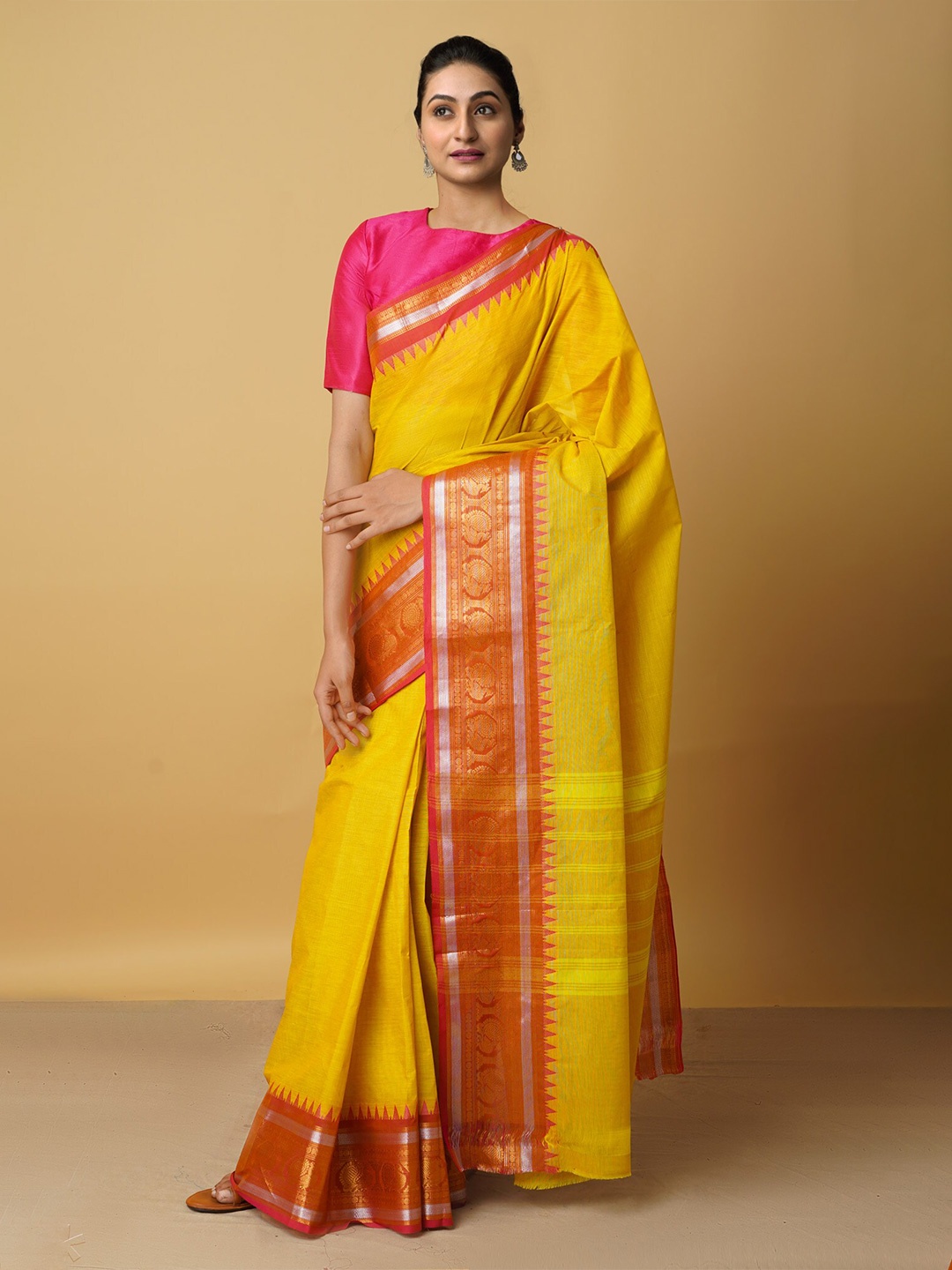 

Unnati Silks Yellow & Orange Woven Design Zari Pure Cotton Chettinad Handloom Saree