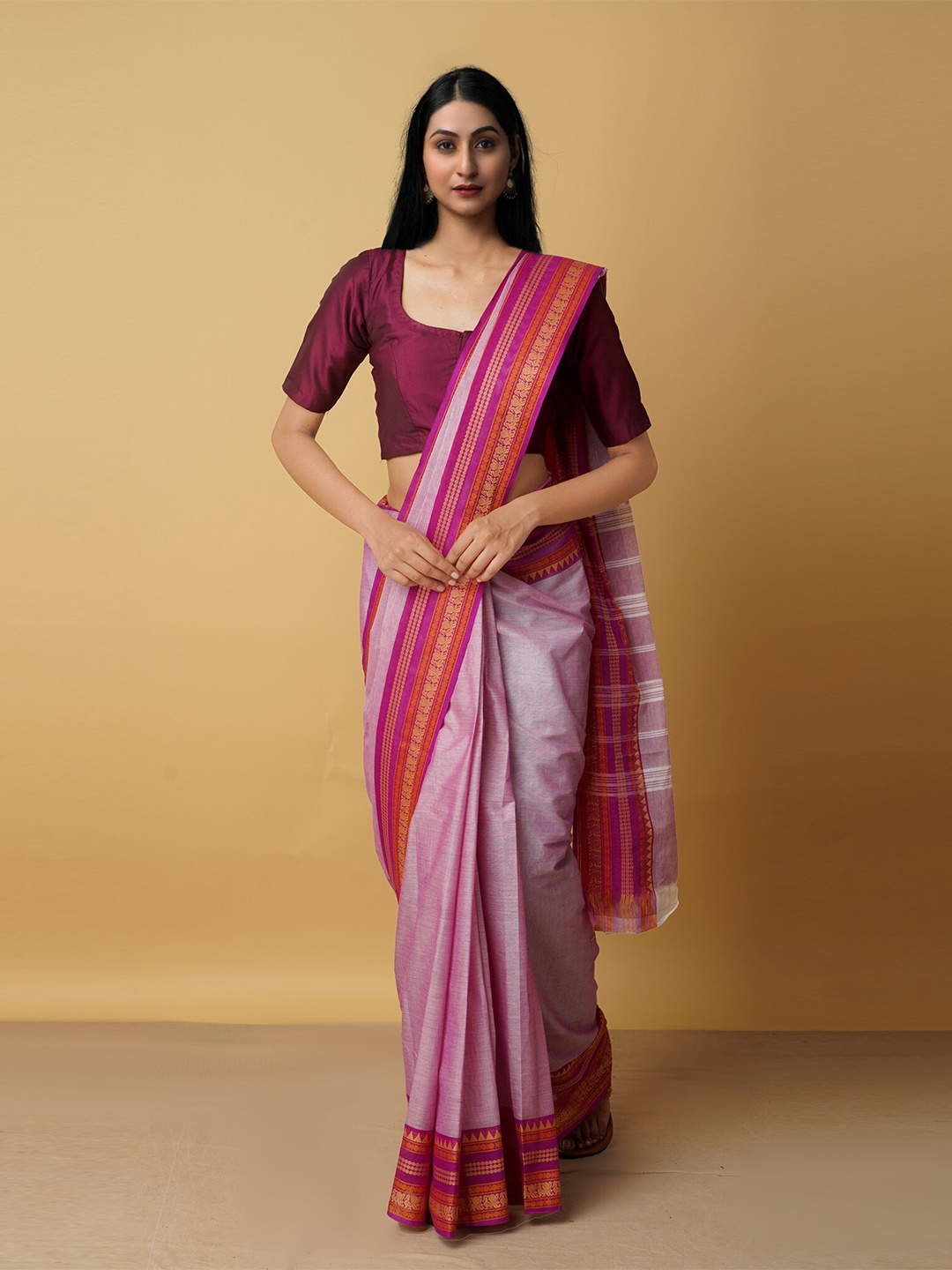 

Unnati Silks Pink & Purple Zari Pure Cotton Kanjeevaram Saree