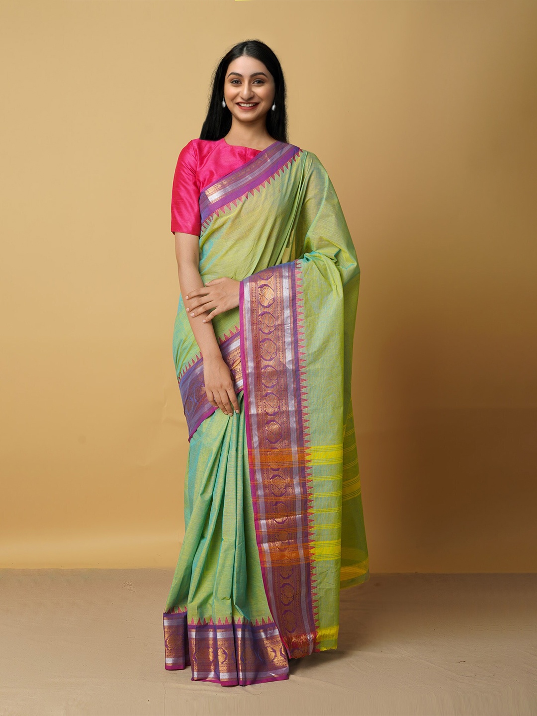 

Unnati Silks Green & Purple Zari Pure Cotton Chettinad Saree