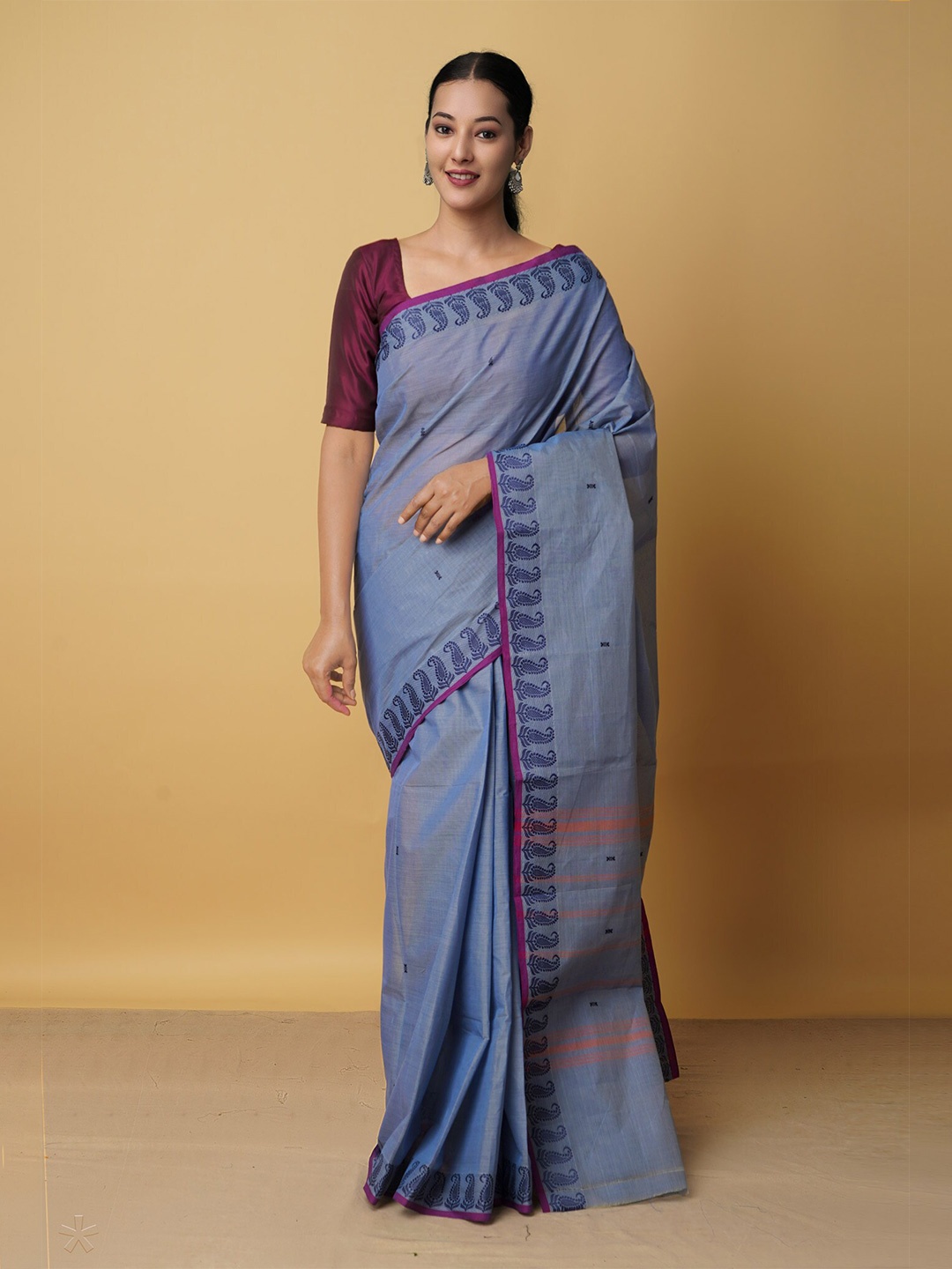 

Unnati Silks Grey & Blue Woven Design Pure Cotton Chettinad Saree