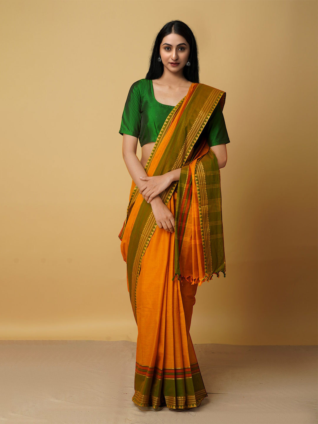 

Unnati Silks Women Orange & Green Zari Pure Cotton Chettinad Saree