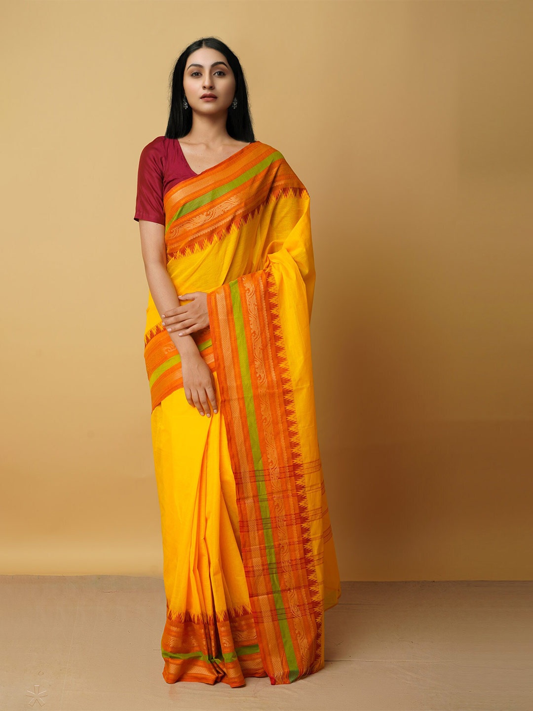 

Unnati Silks Yellow & Green Zari Pure Cotton Kanjeevaram Saree