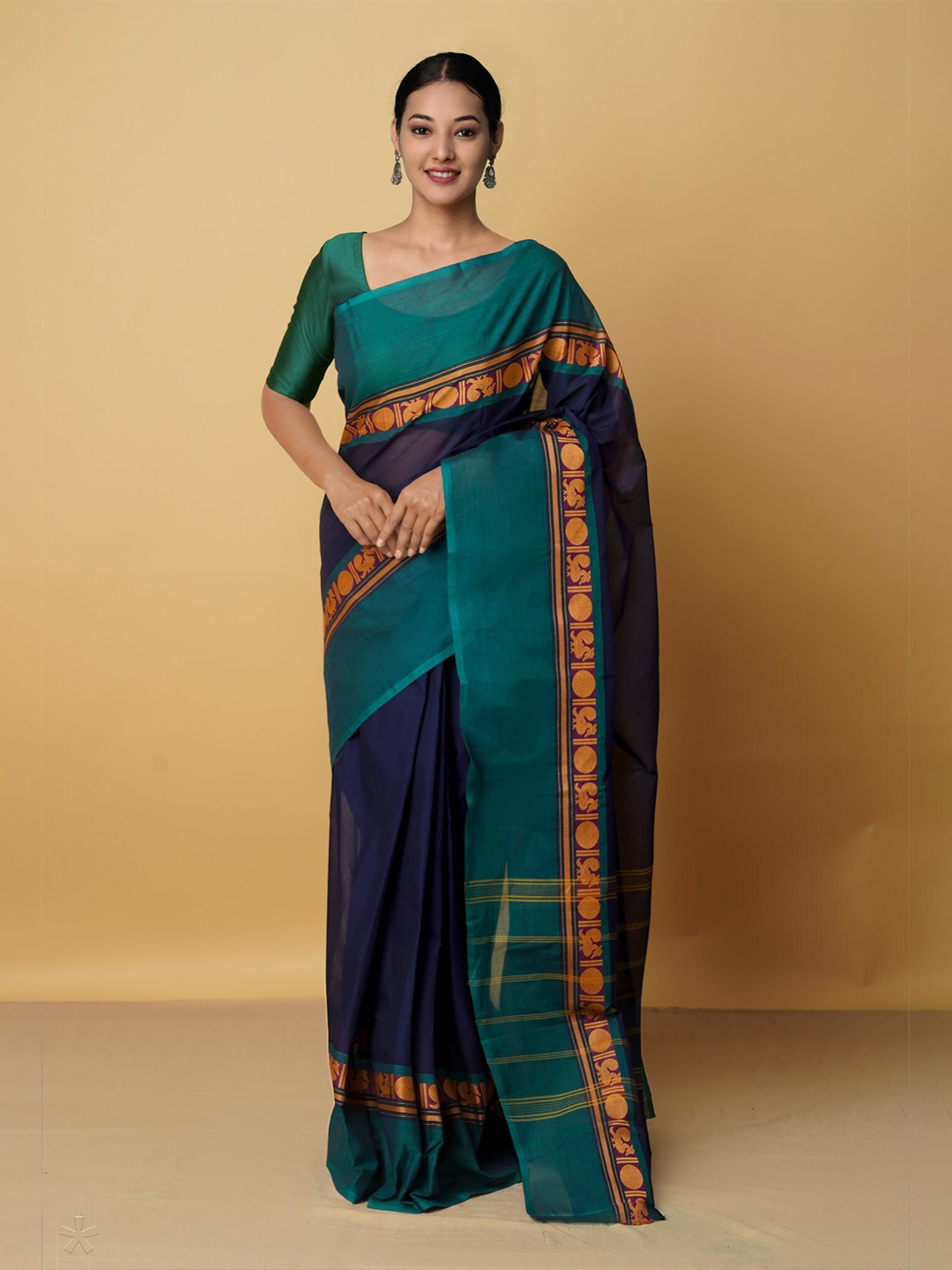 

Unnati Silks Navy Blue & Blue Zari Pure Cotton Kanjeevaram Saree