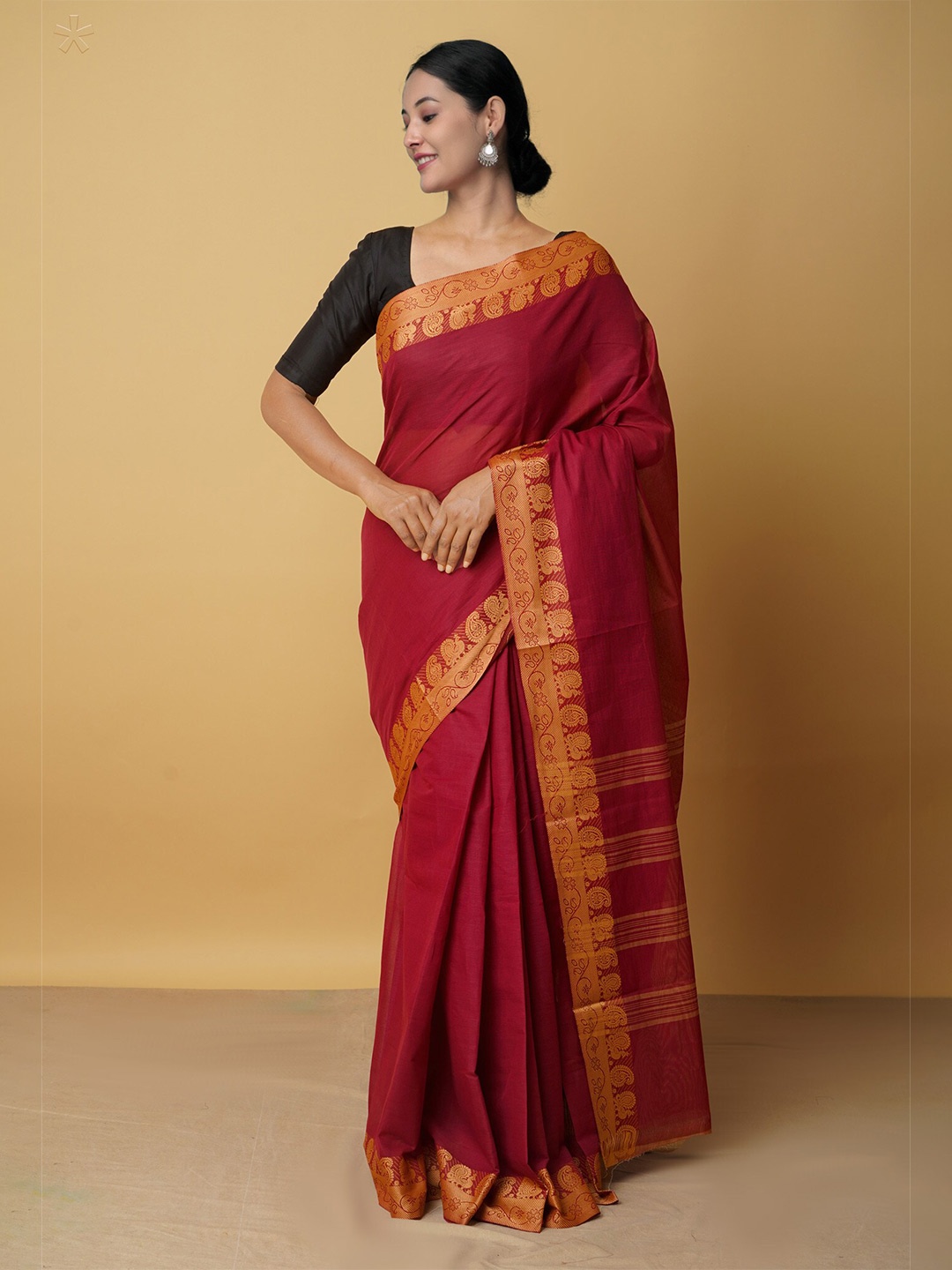 

Unnati Silks Maroon & Gold-Toned Zari Pure Cotton Kanjeevaram Saree