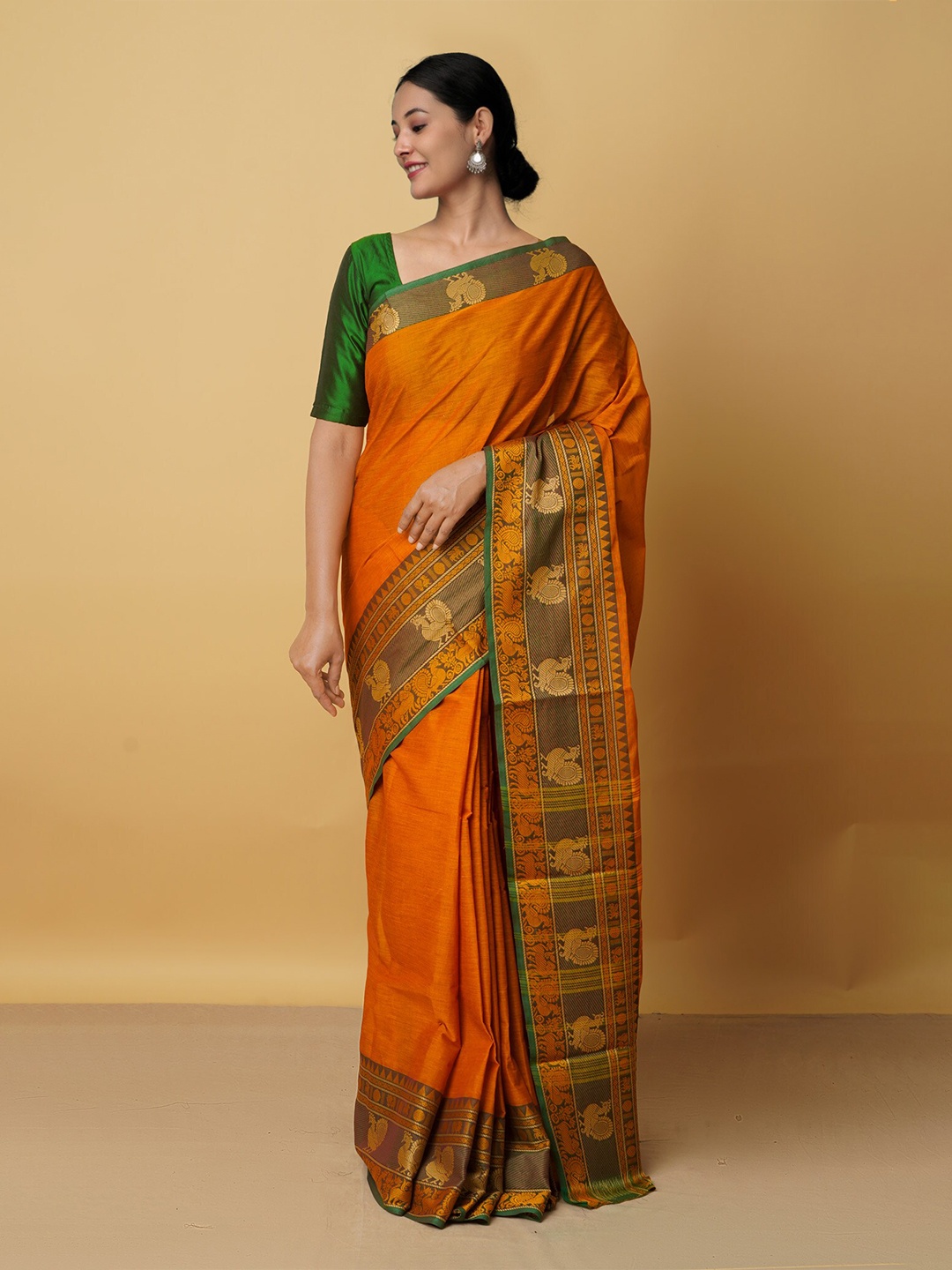 

Unnati Silks Orange & Green Pure Cotton Kanjeevaram Saree