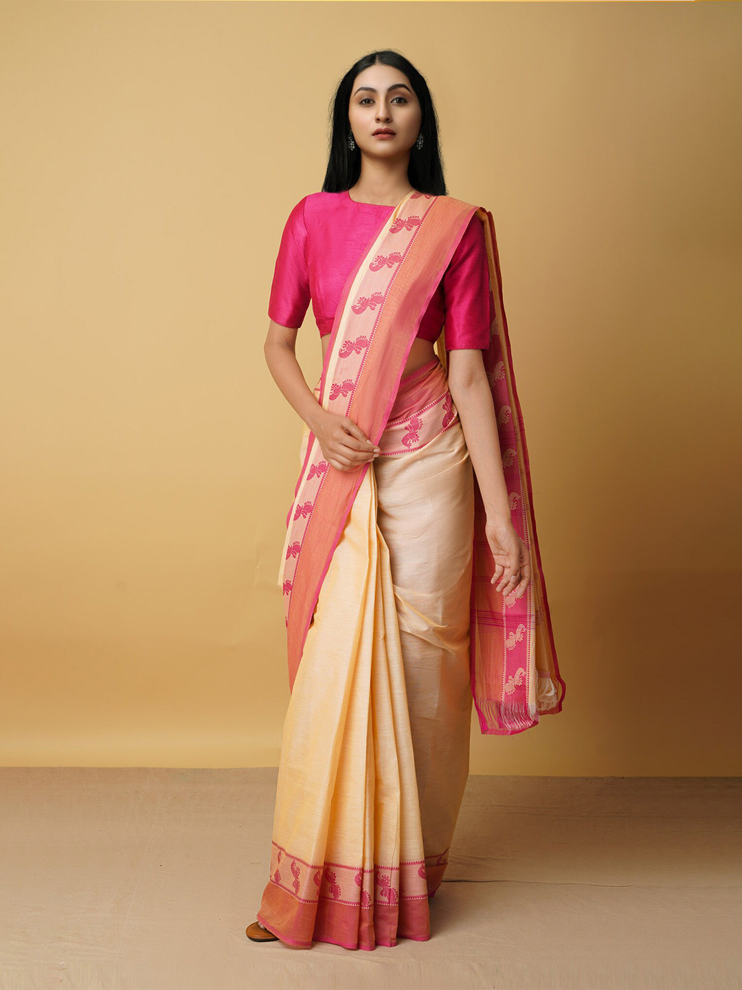 

Unnati Silks Cream-Coloured & Pink Woven Design Pure Cotton Kanjeevaram Saree
