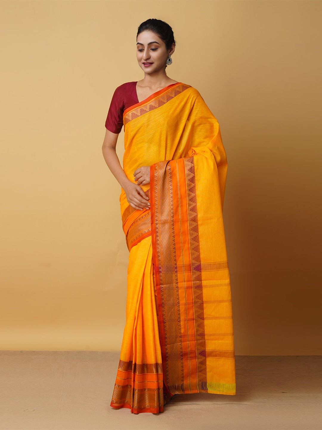 

Unnati Silks Women Yellow & Orange Woven Design Zari Pure Cotton Kanjeevaram Saree