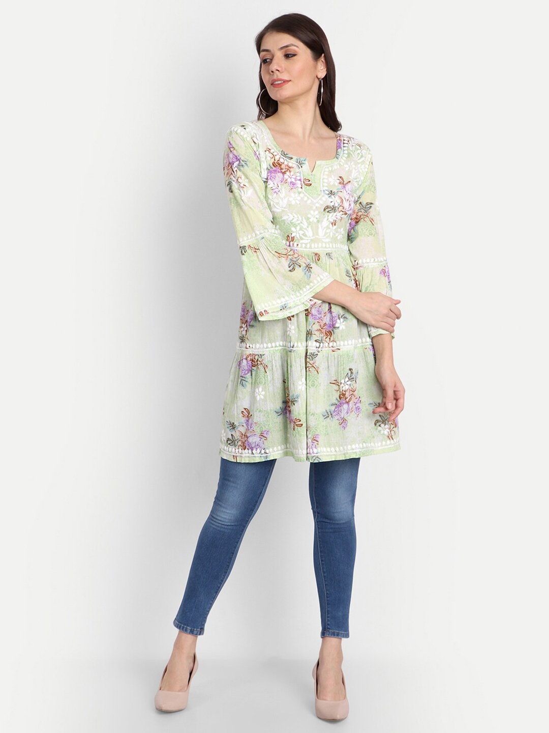 

Indiankala4u Women Green Floral Embroidered Chikankari Tiered Kurti