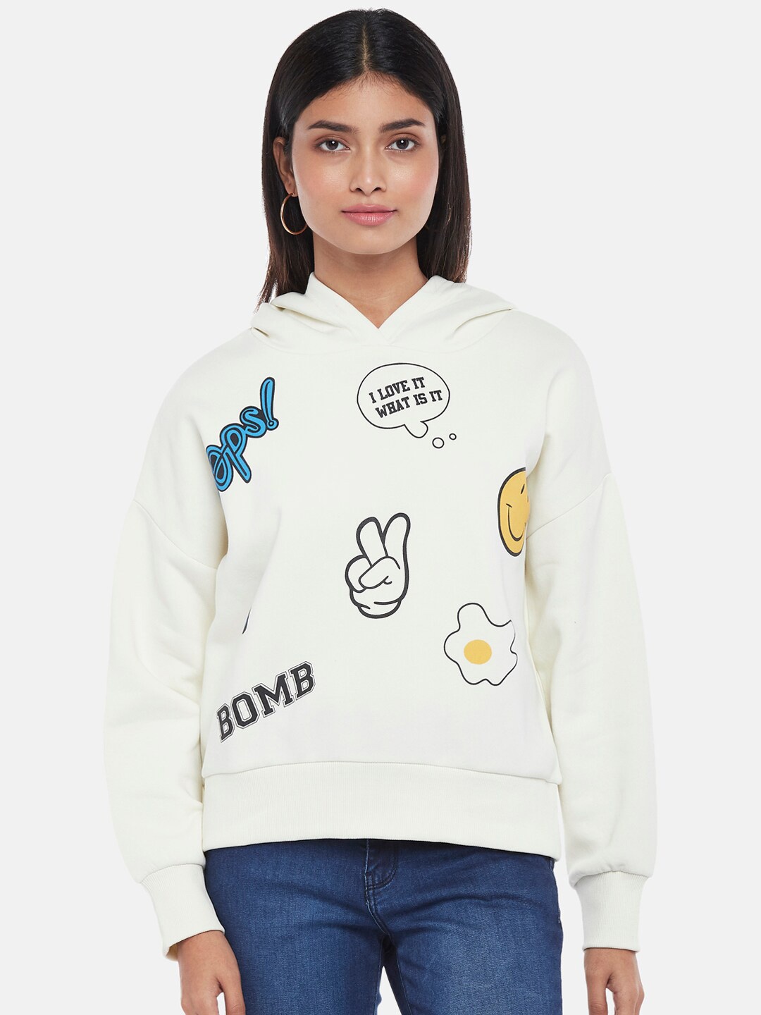 

People Women White Grapics Printed Hood Sweatshirt