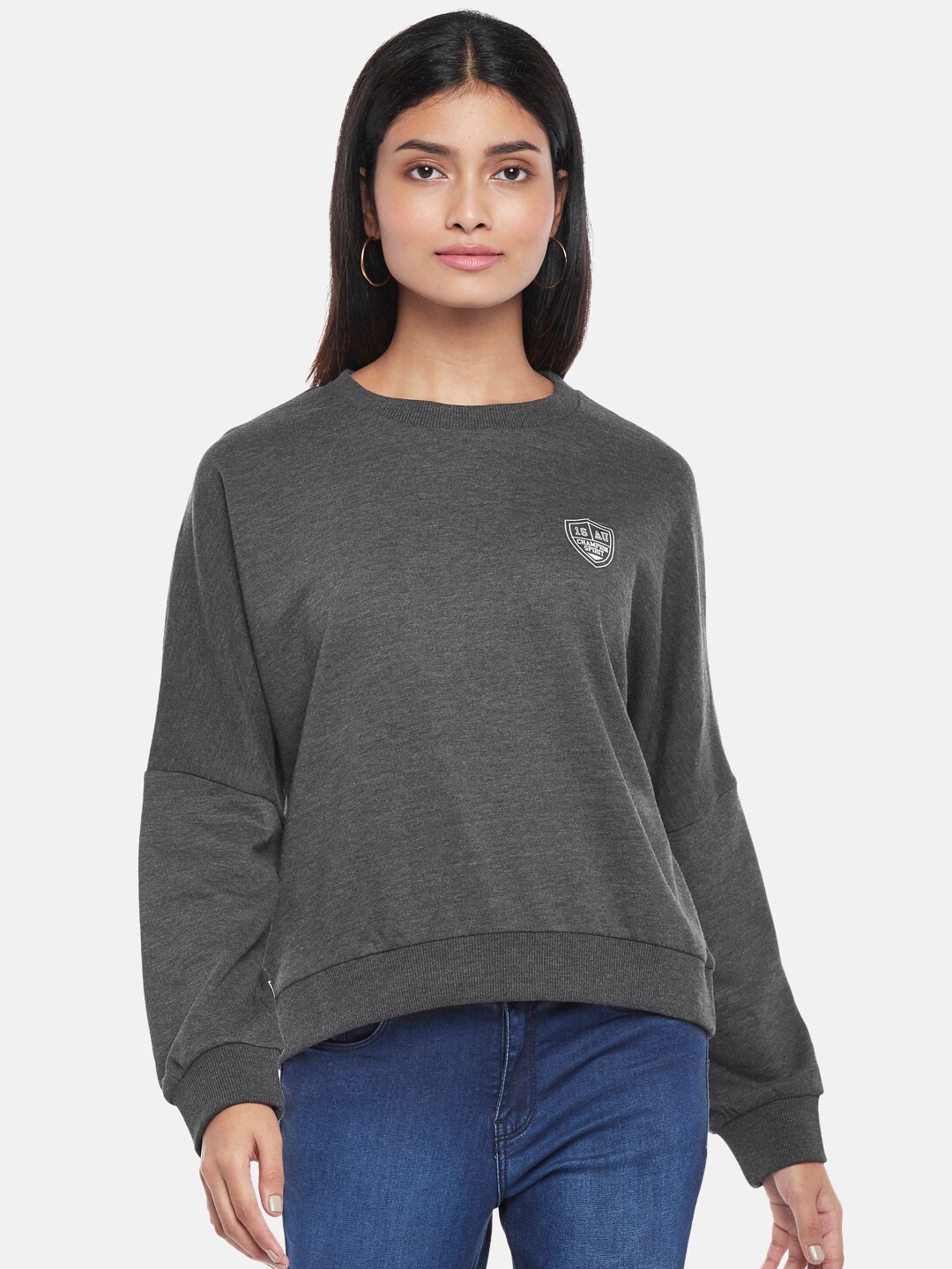 

People Women Grey Printed Full Sleeves Sweatshirt