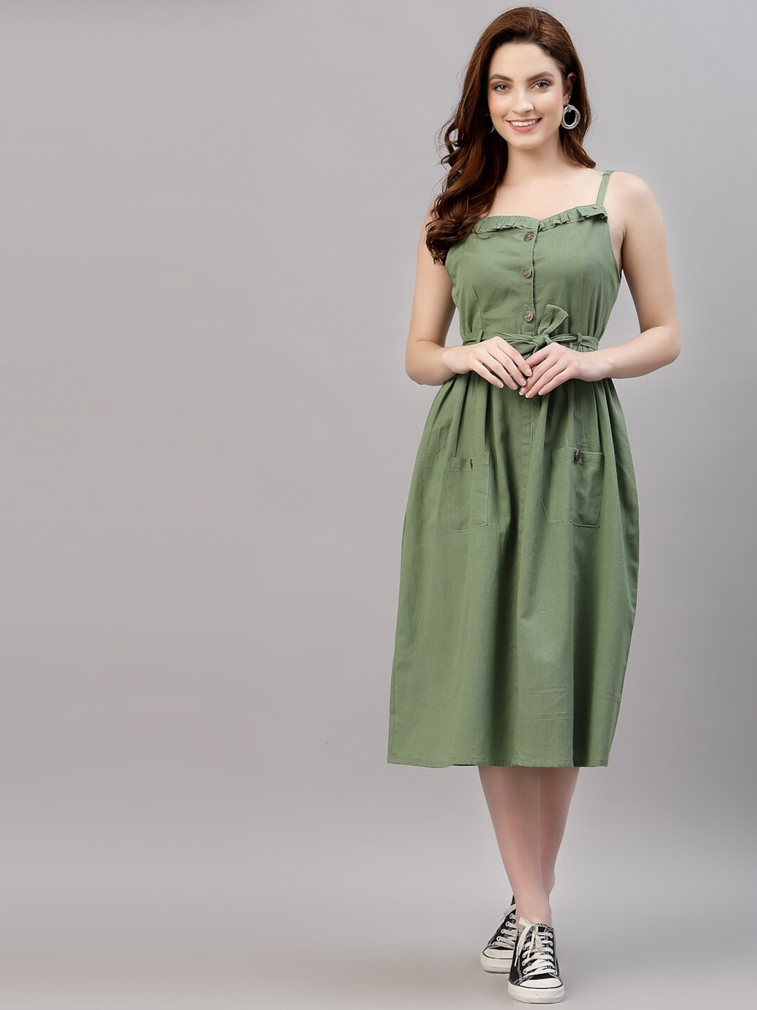 

NEUDIS Women Olive Green Solid Midi Dress