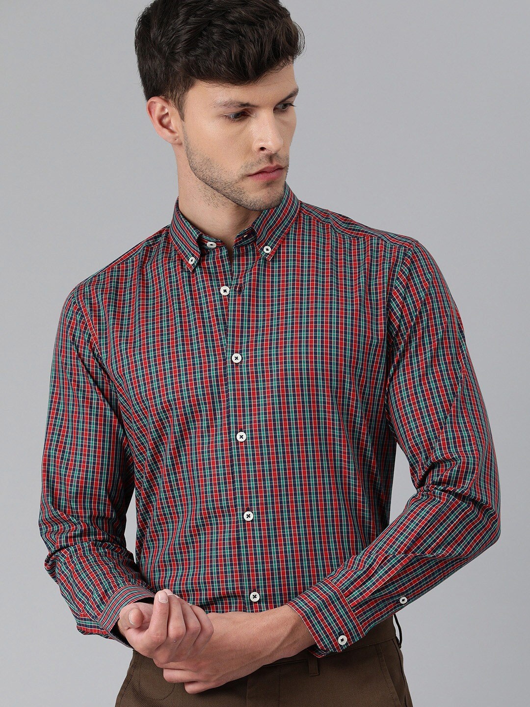

THE BEAR HOUSE Men Red & Green Slim Fit Checked Pure Cotton Formal Shirt