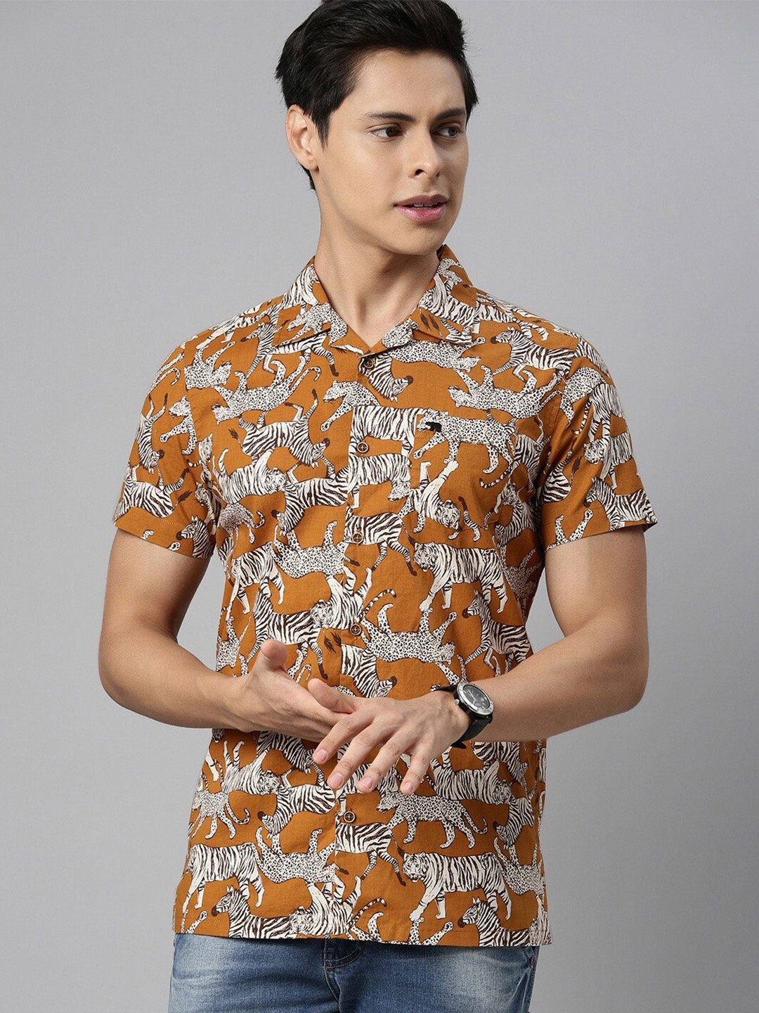 

THE BEAR HOUSE Men Yellow Slim Fit Printed Casual Shirt