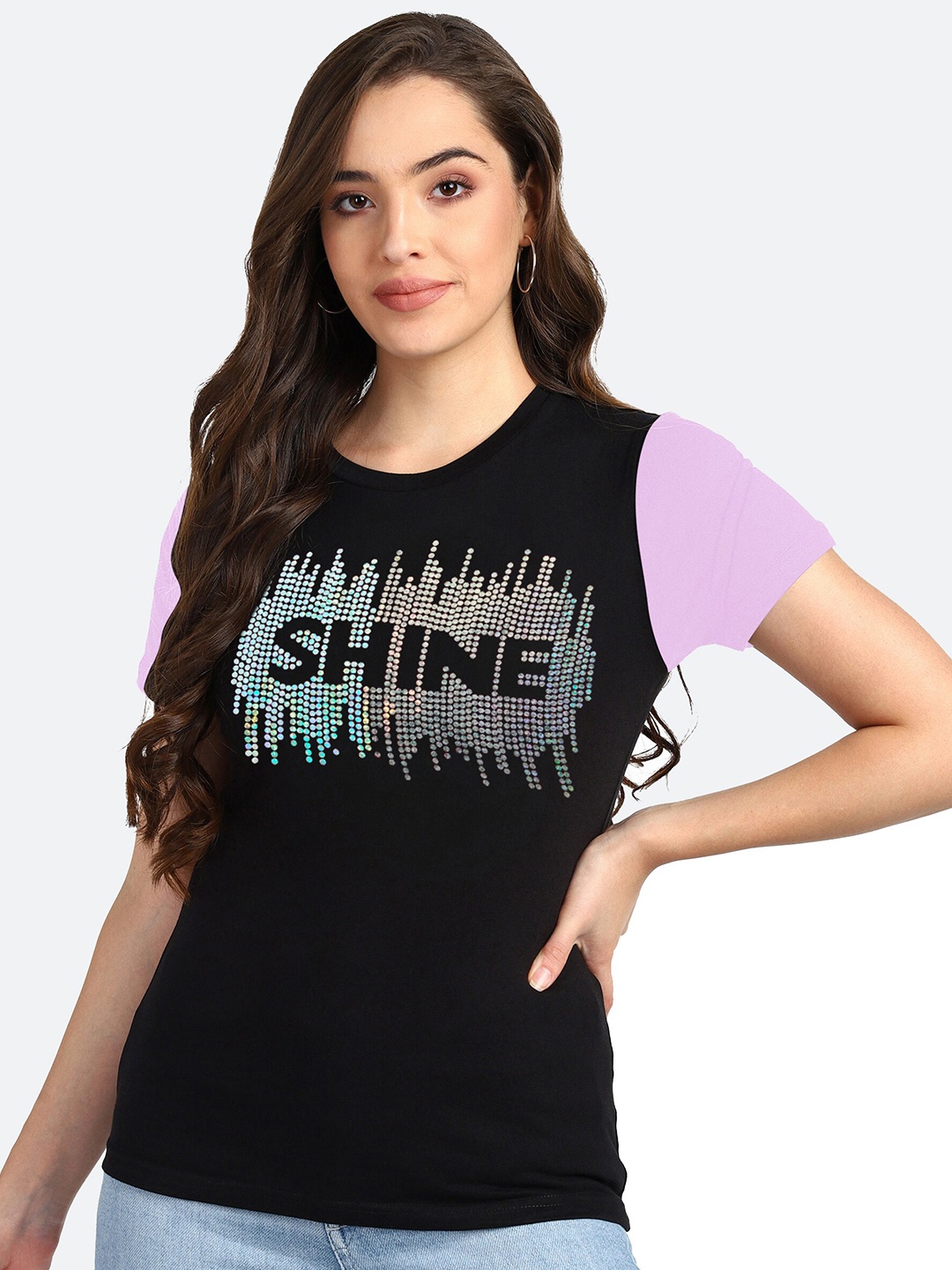 

shashvi Women Black & Lavender Typography Printed T-shirt