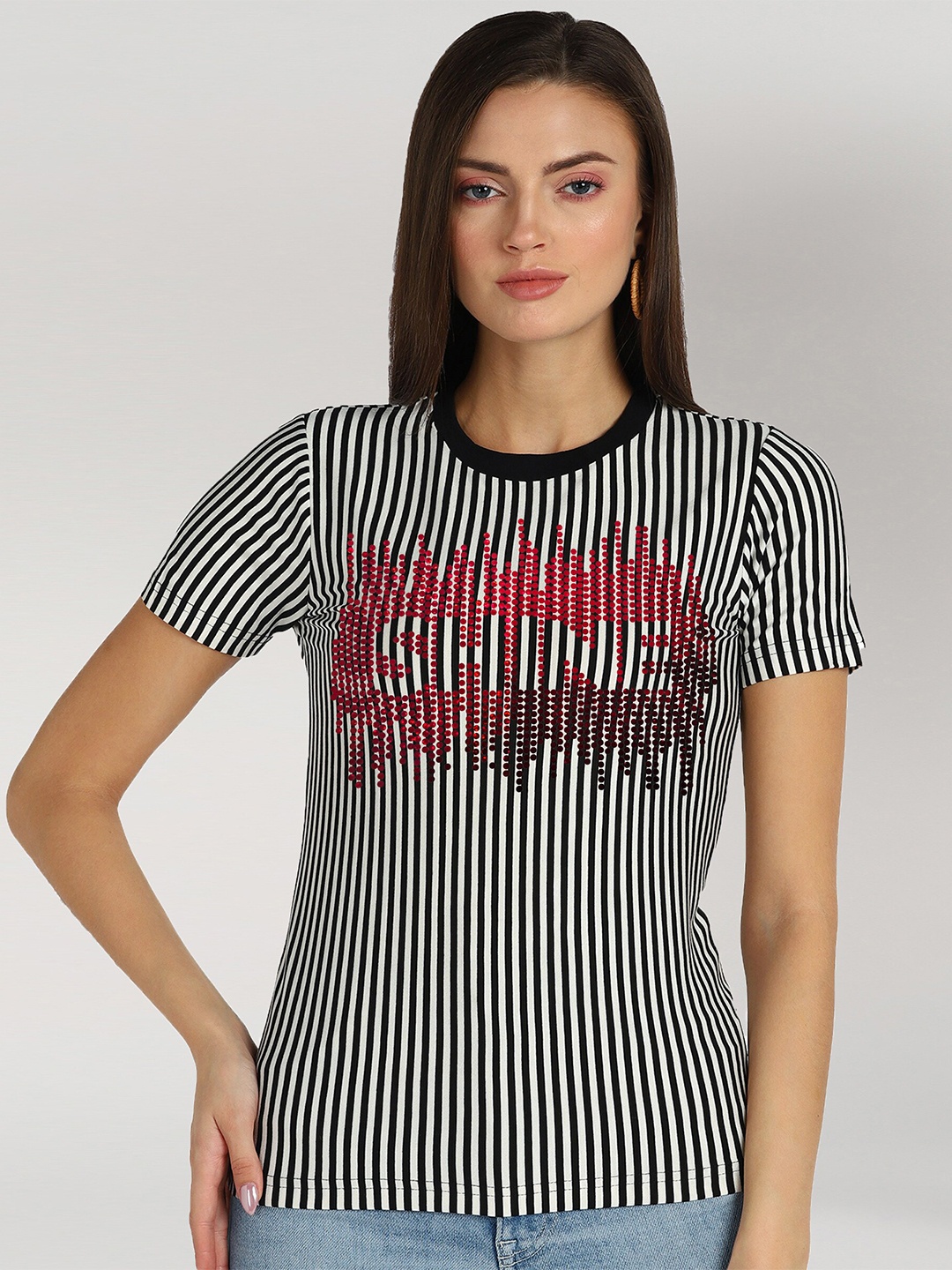 

shashvi Women Black Striped Applique T-shirt