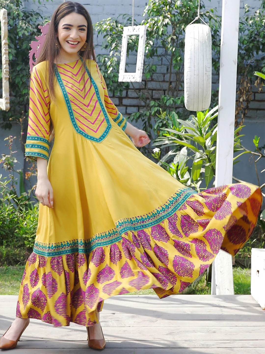 

Rustorange Yellow & Pink Printed Ethnic Maxi Dress