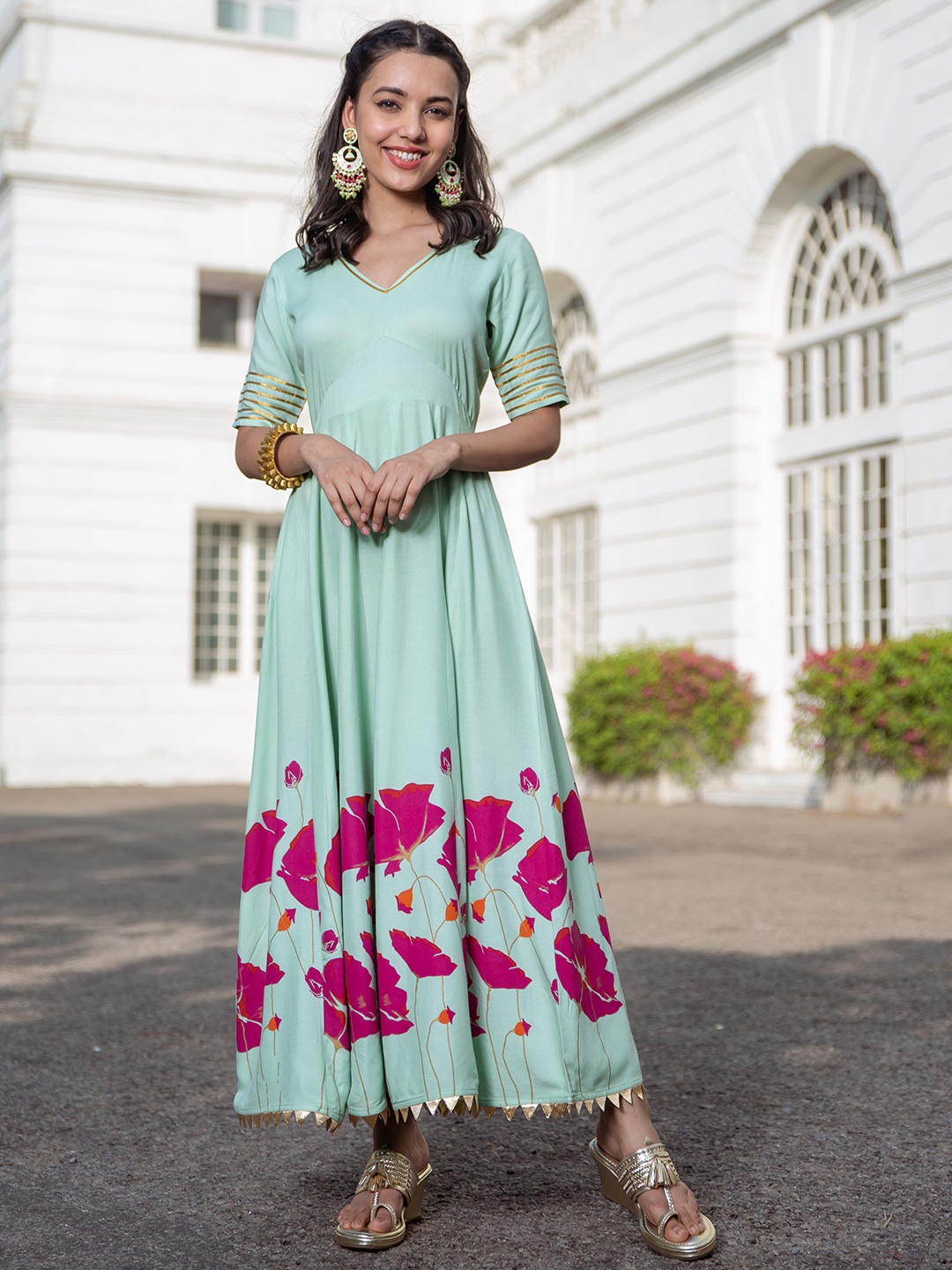 

Rustorange Women Mint Green Floral Print Gota Detail Maxi Dress