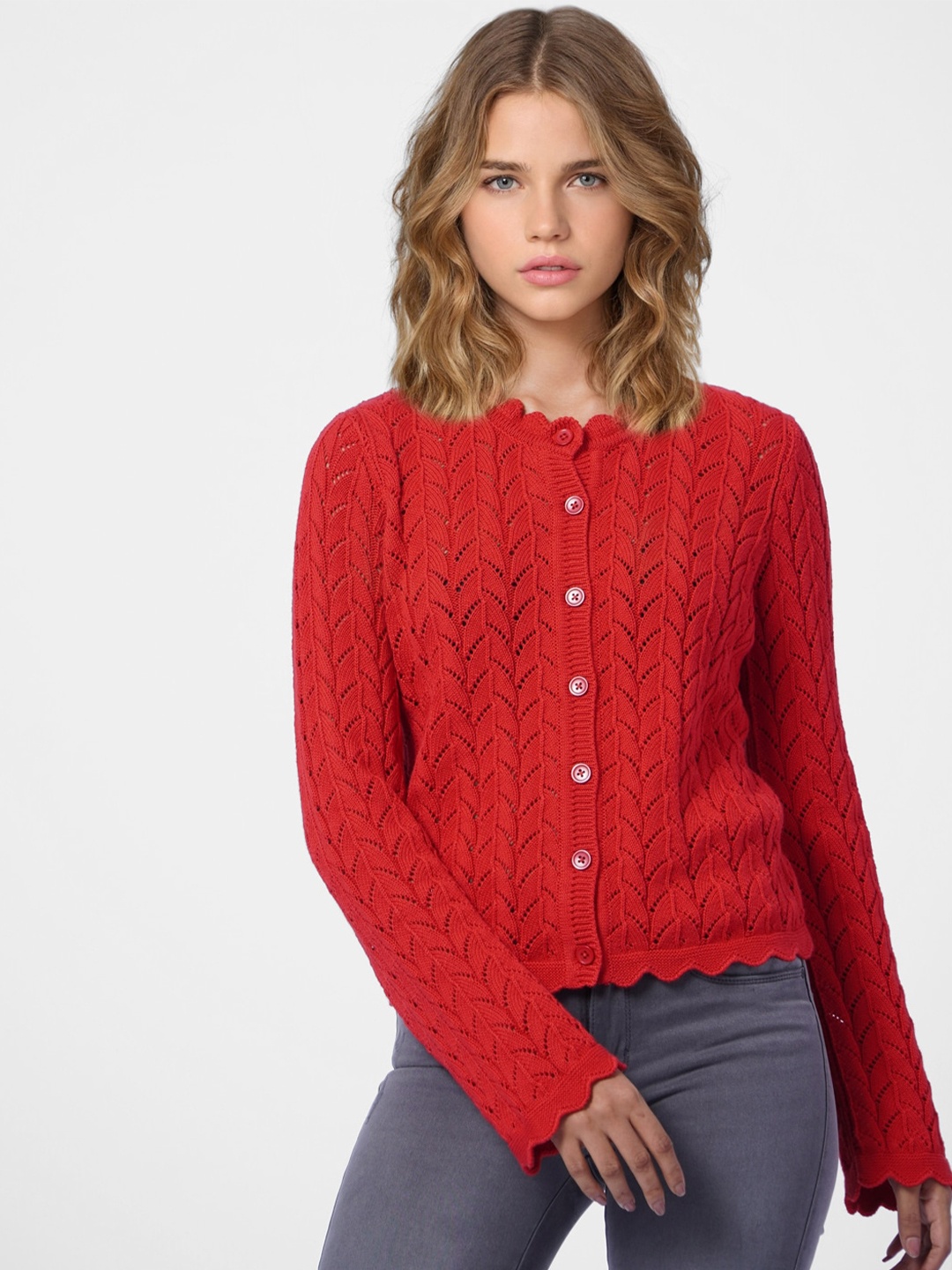 

ONLY Women Red Cable Knit Cardigan