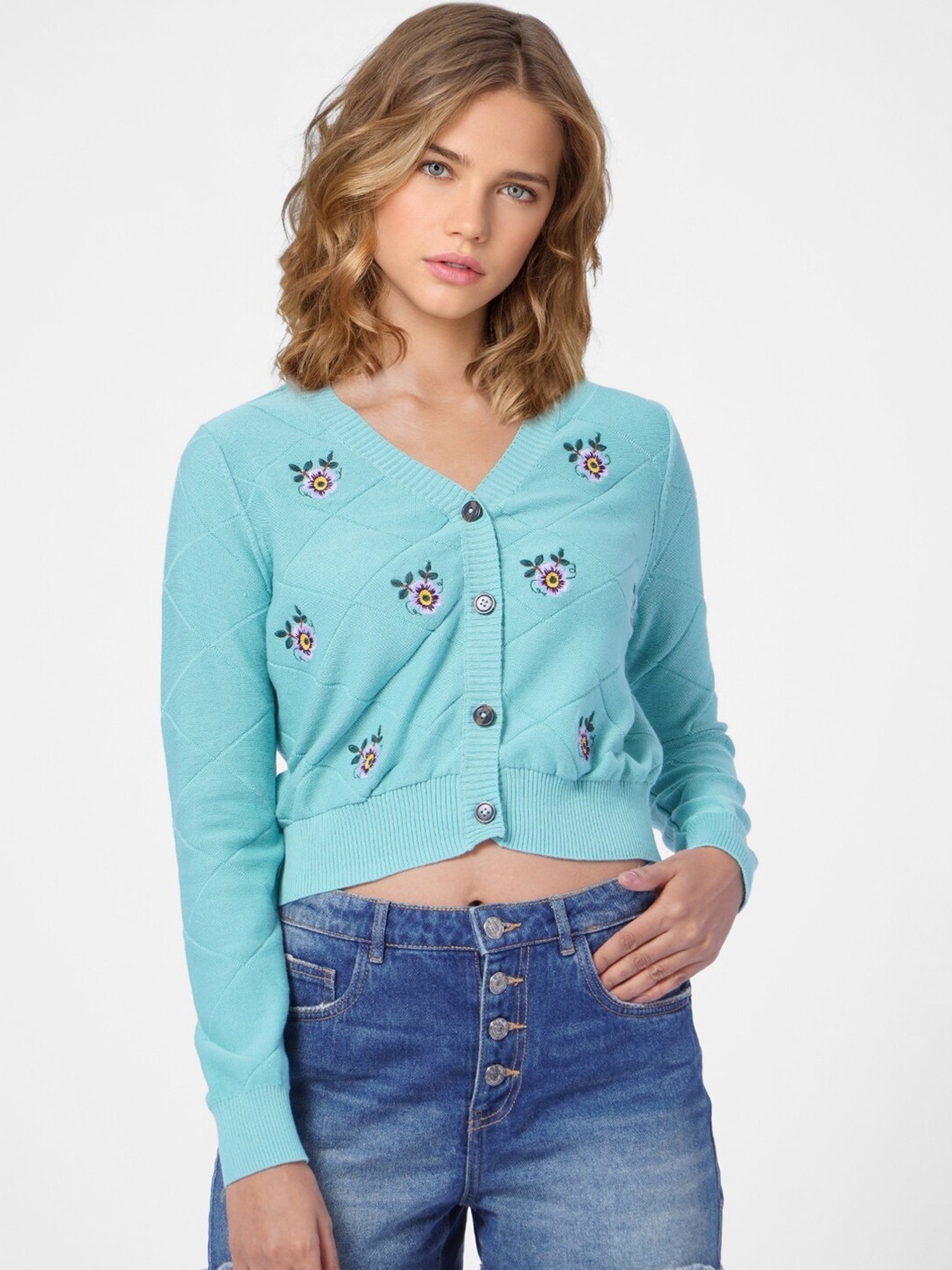 

ONLY Women Blue & Green Floral Cardigan