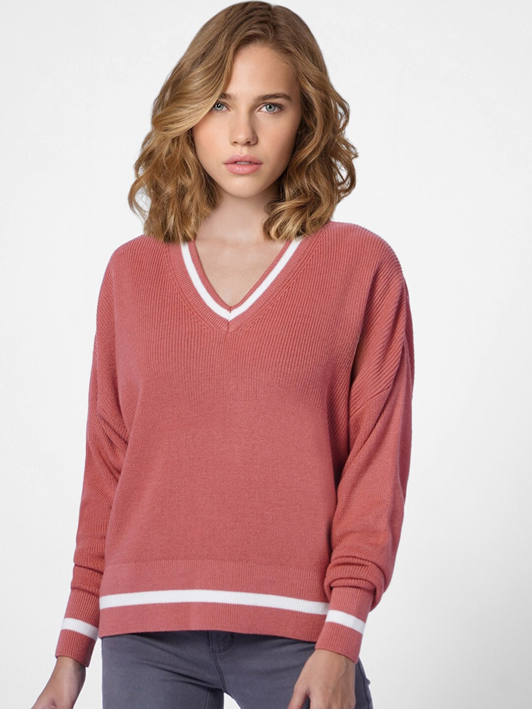 

ONLY Women Pink & White Pullover Cardigan Sweater