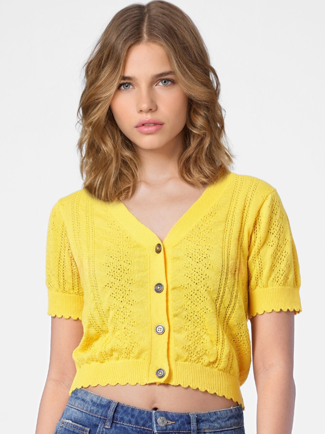 

ONLY Women Yellow Cable Knit Cardigan