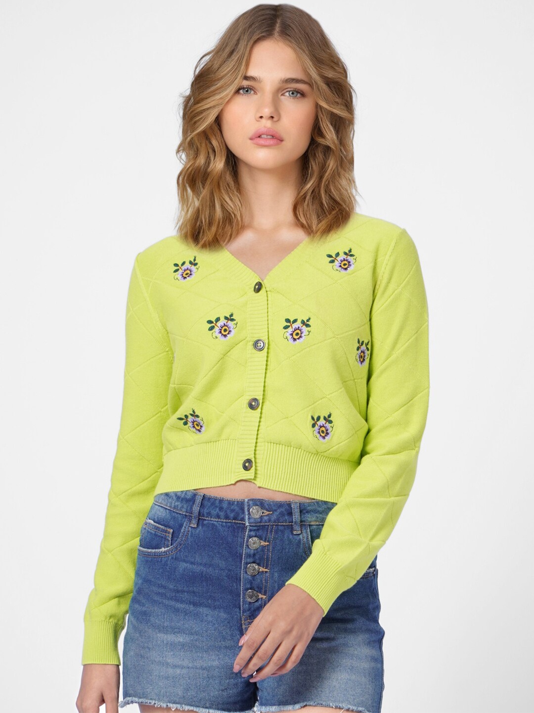 

ONLY Women Lime Green & White Floral Crop Cardigan