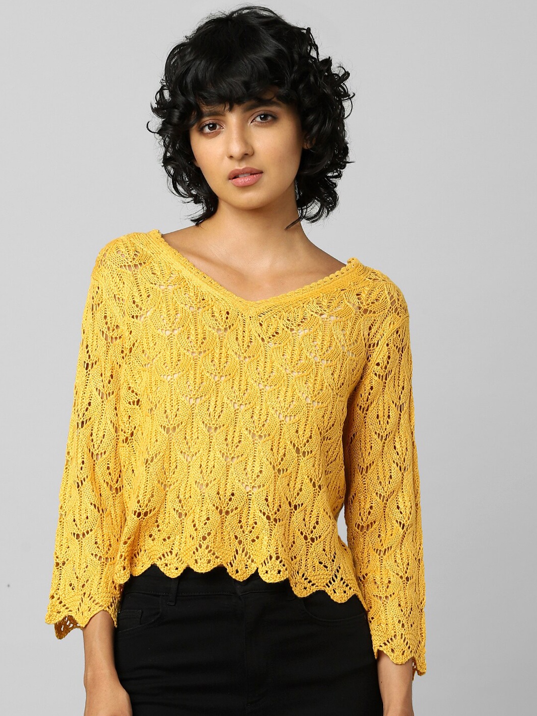 

ONLY Women Yellow Self Design Acrylic Pullover