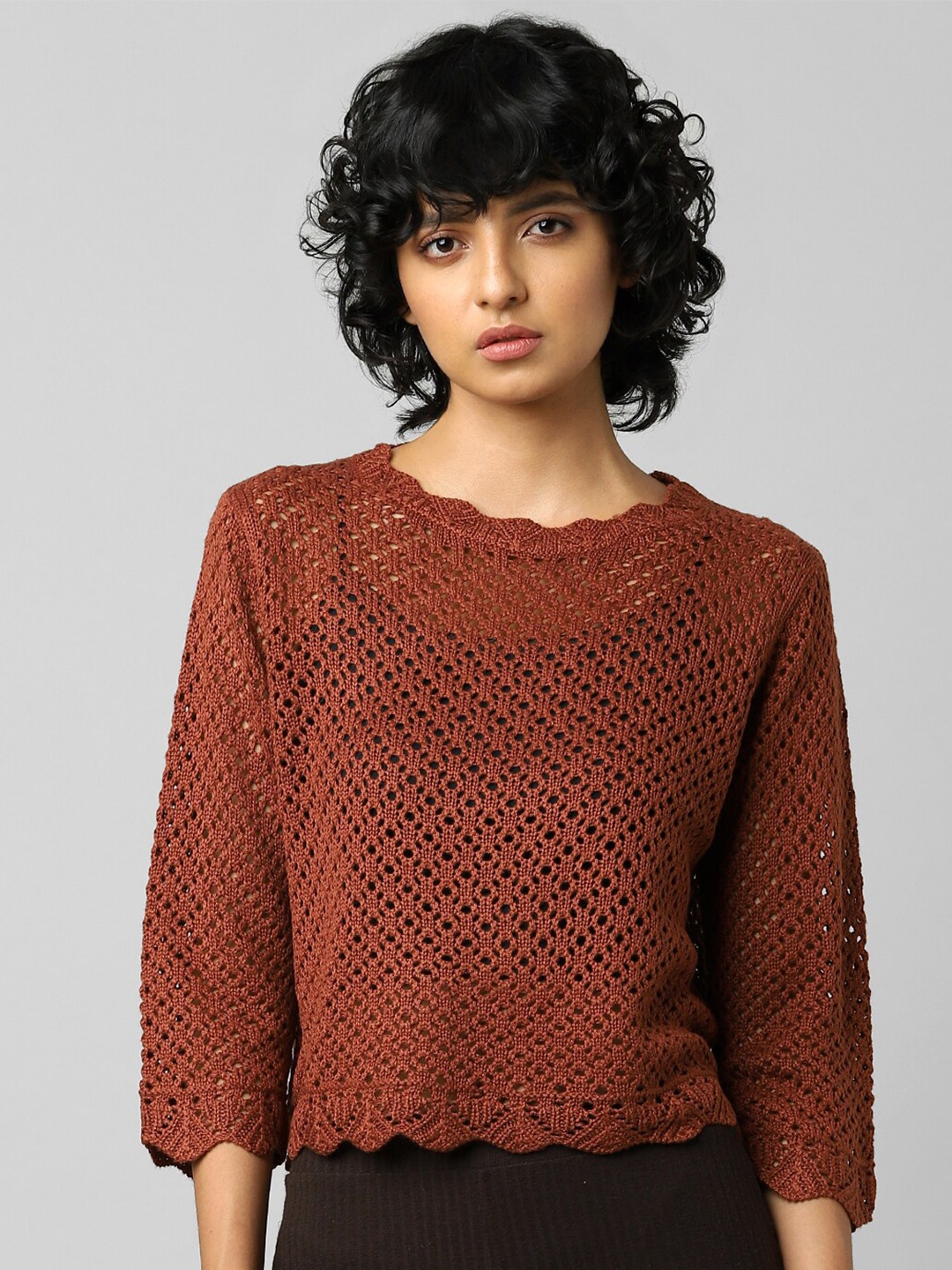 

ONLY Women Brown Cable Knit Crop Pullover