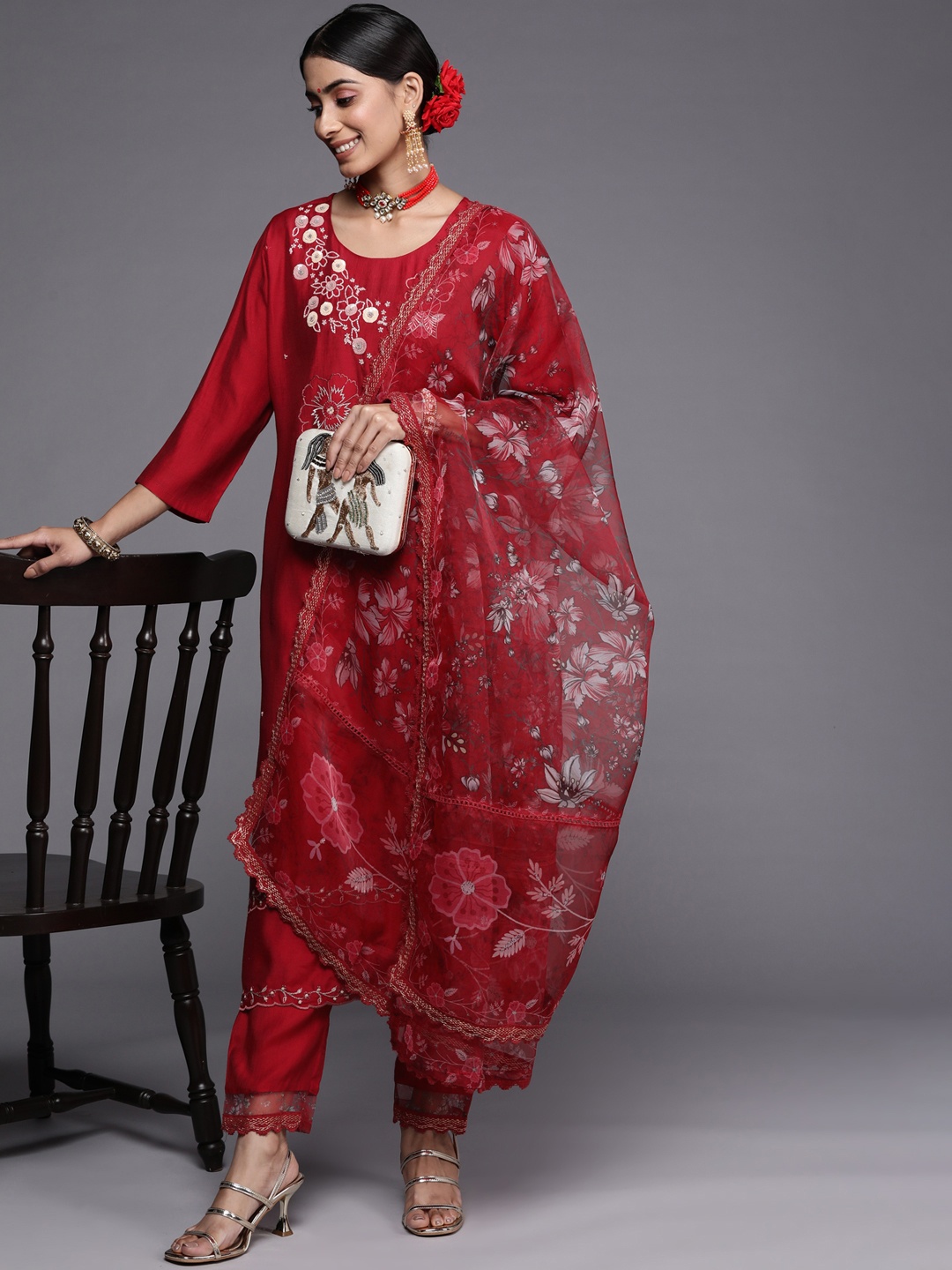 

Indo Era Women Red Floral Embroidered Thread Work Kurta with Trousers & With Dupatta