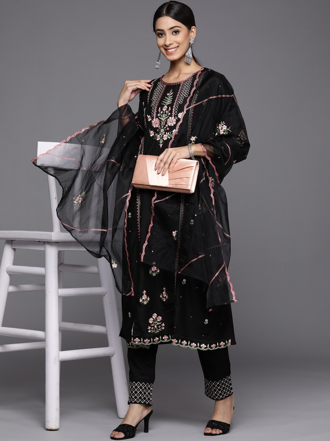 

Indo Era Women Black Floral Yoke Design Thread Work Kurta with Trousers & Dupatta