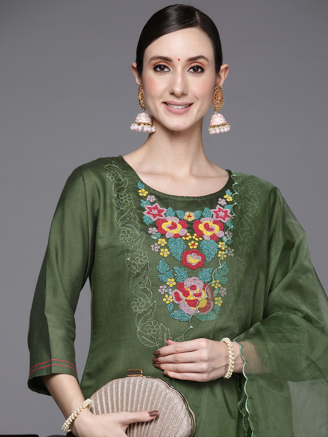 

Indo Era Women Green Floral Embroidered Beads and Stones Kurta with Trousers & Dupatta