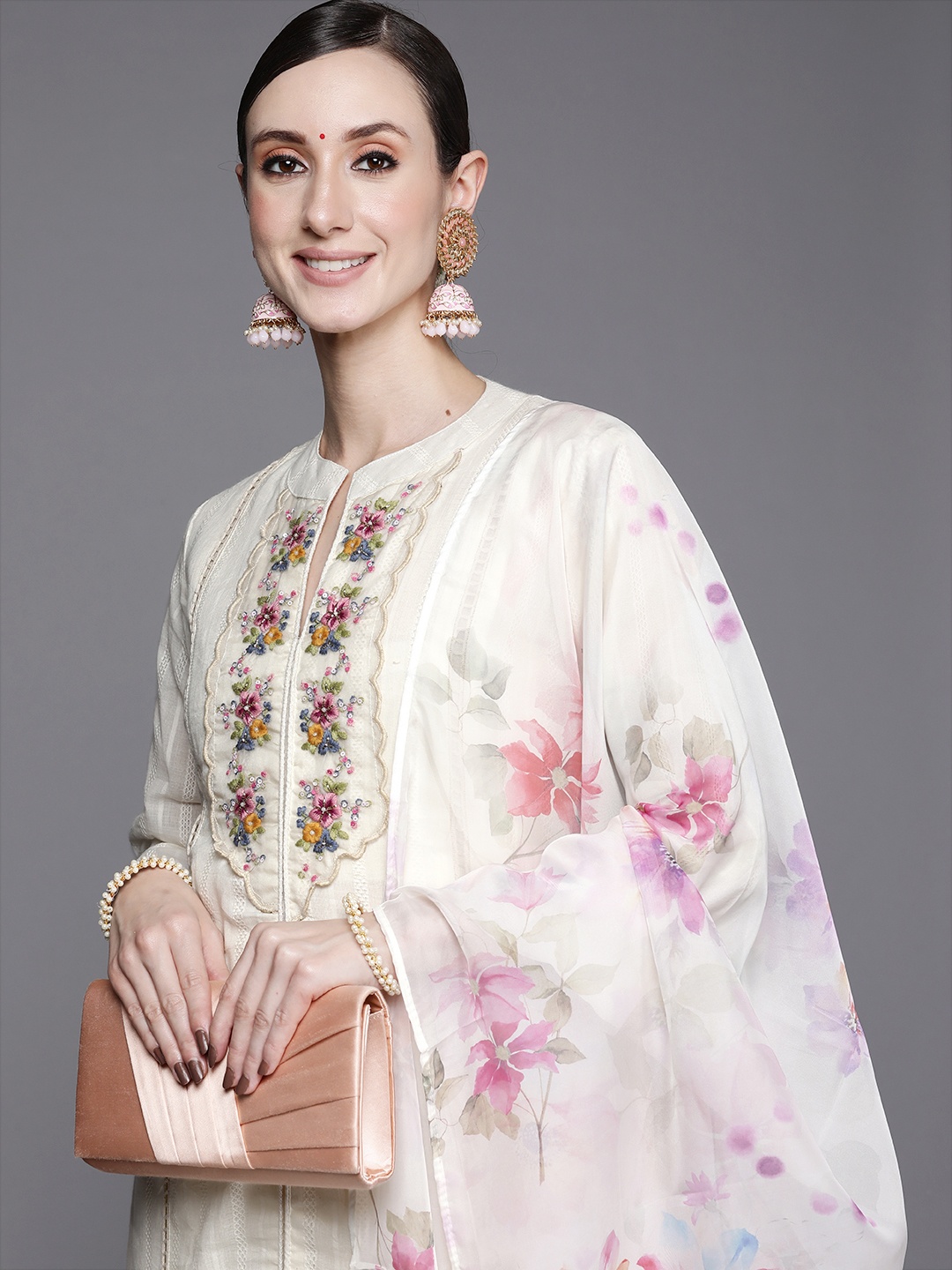 

Indo Era Women White Floral Embroidered Panelled Kurta with Trousers & Dupatta