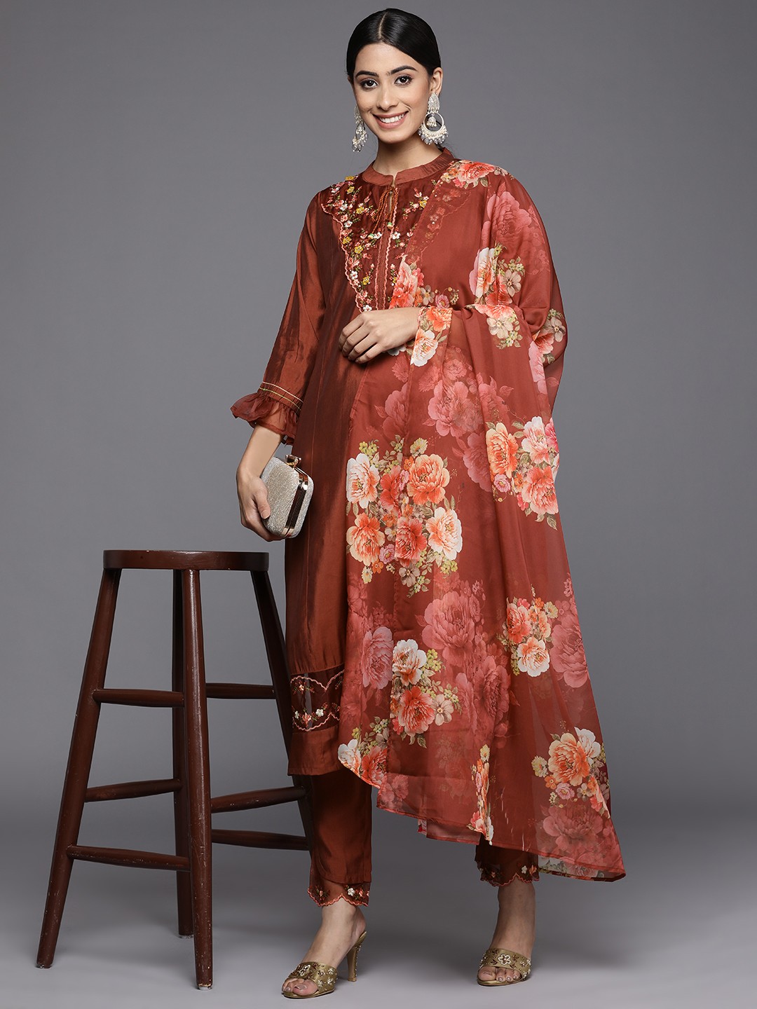 

Indo Era Women Rust Orange Embroidered Chanderi Cotton Kurta with Trousers & Dupatta