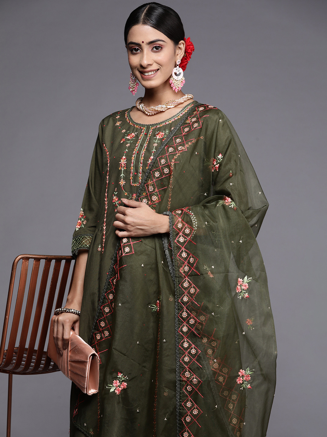 

Indo Era Women Olive Green Floral Embroidered Panelled Thread Work Kurta with Trousers & With Dupatta