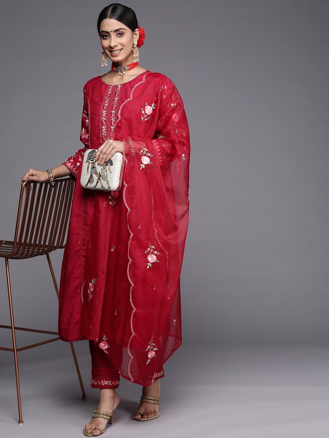 

Indo Era Women Maroon Floral Yoke Design Panelled Thread Work Kurta with Trousers & With Dupatta