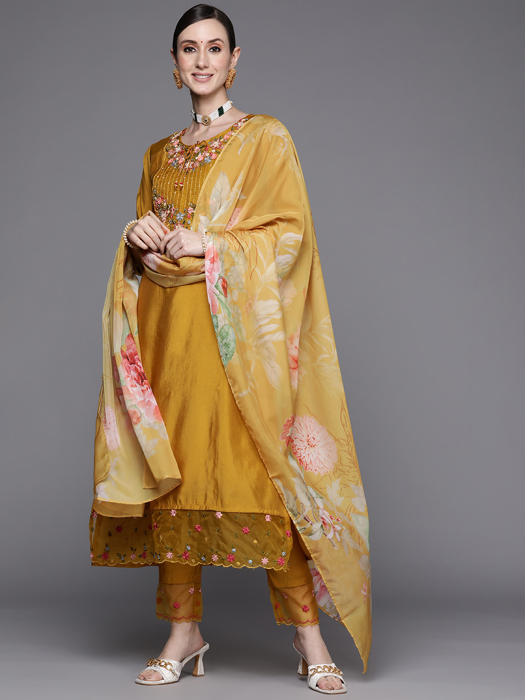 

Indo Era Women Mustard Yellow Floral Embroidered Thread Work Chanderi Cotton Kurta with Trousers & With