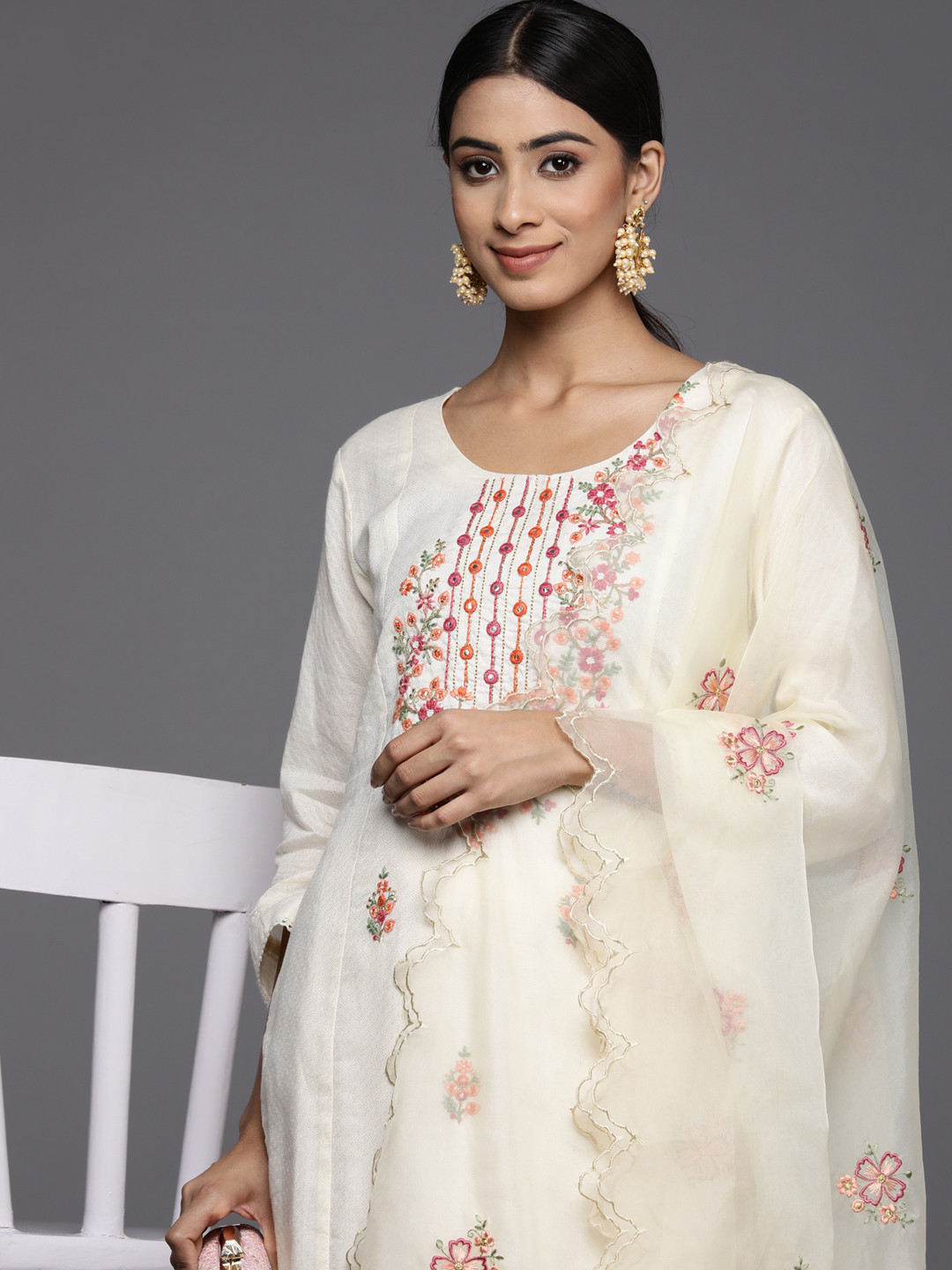 

Indo Era Women White Floral Yoke Design Thread Work Kurta with Trousers & With Dupatta