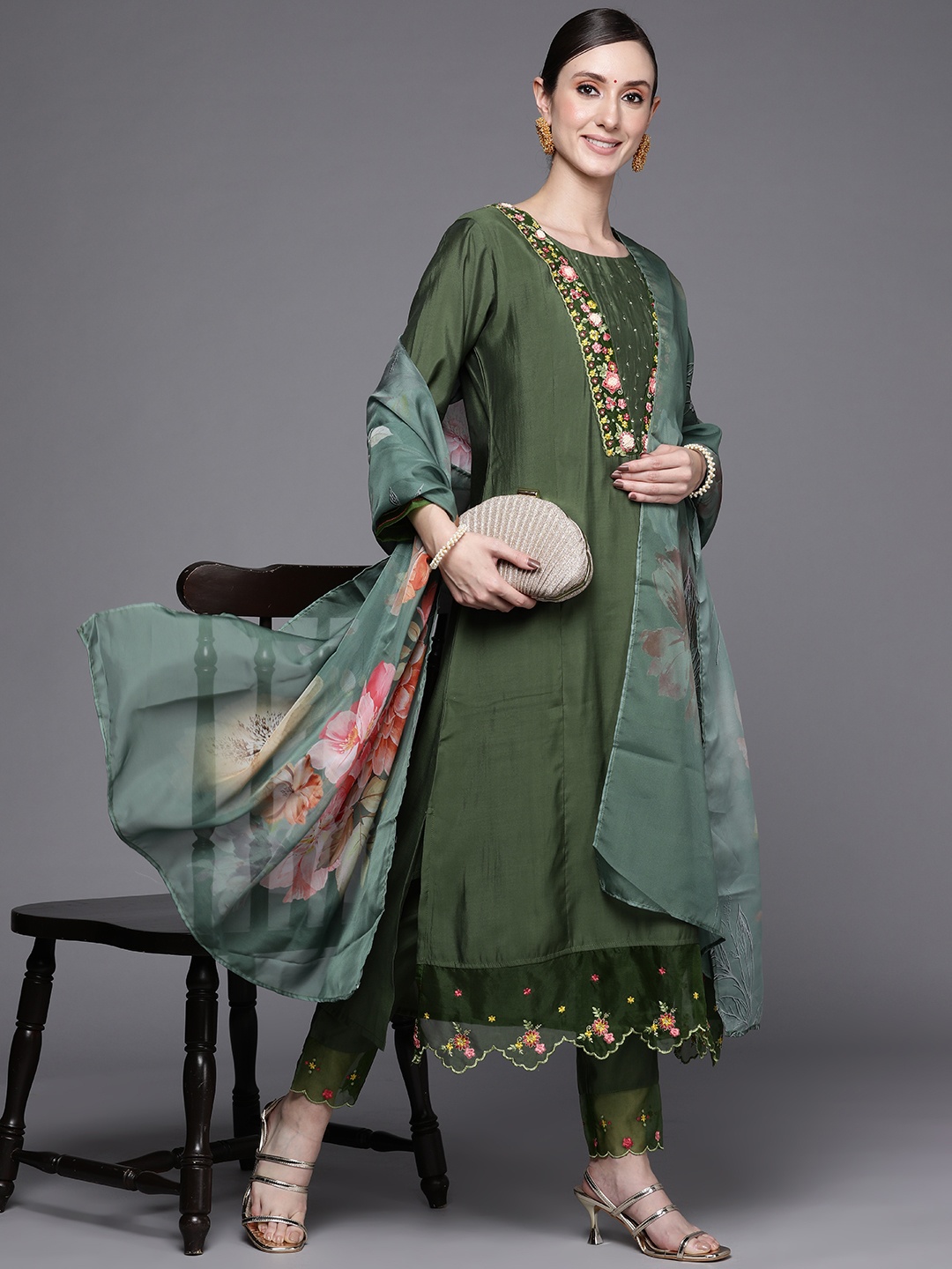 

Indo Era Women Green Floral Yoke Design Beads Chanderi Cotton with Trousers & Dupatta