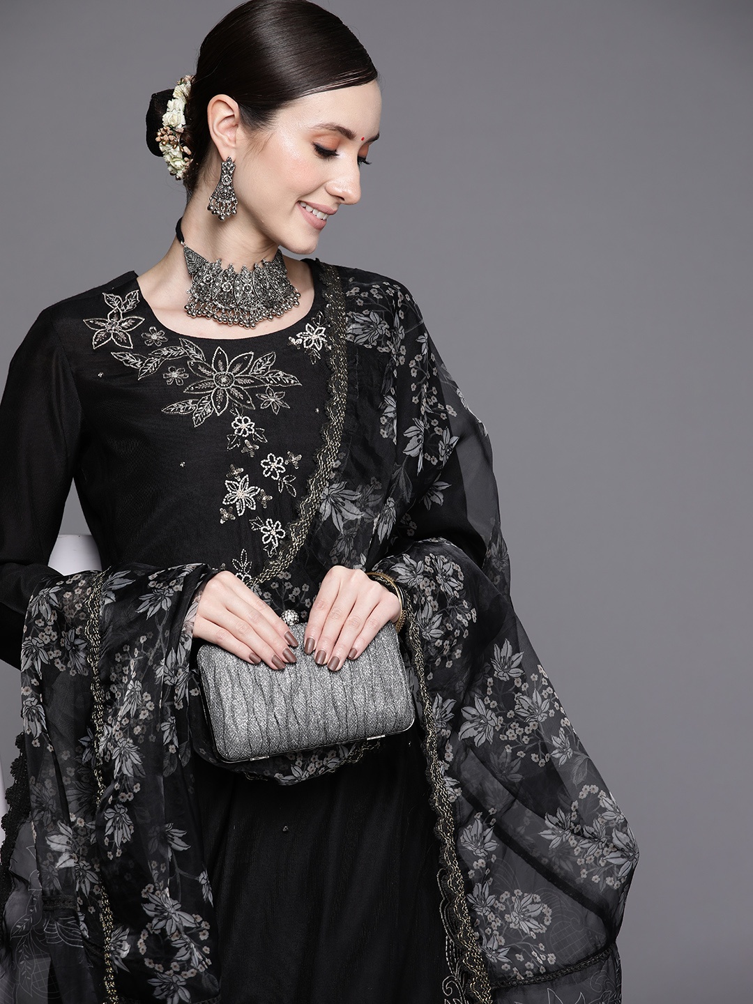 

Indo Era Women Black Floral Embroidered Beads Kurta with Trousers & Dupatta