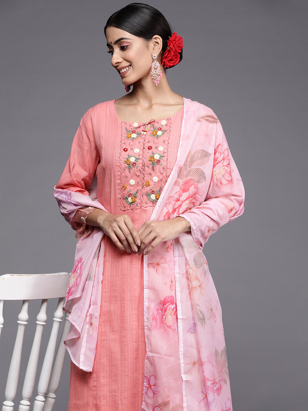 

Indo Era Women Pink Floral Yoke Design Thread Work Kurta with Trousers & With Dupatta