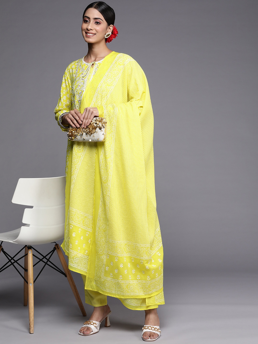 

Indo Era Women Lime Green Floral Embroidered Kurta with Palazzos & With Dupatta